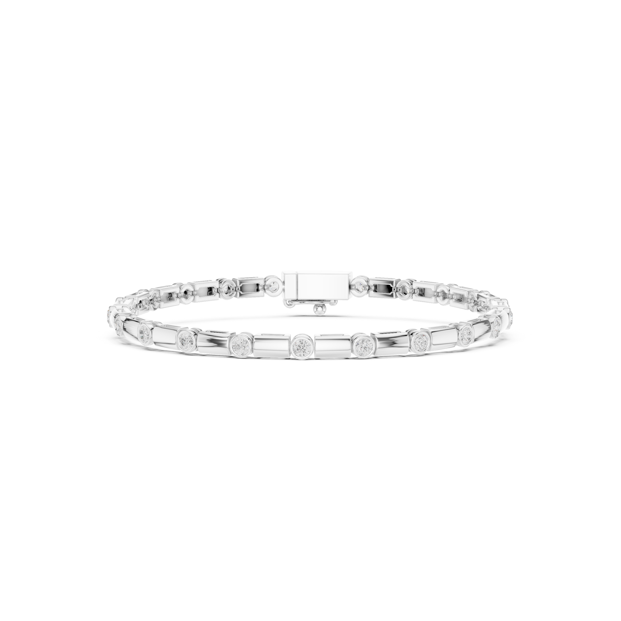 Men's silver tennis bracelet with alternating bezel-set round diamonds and rectangular bar links