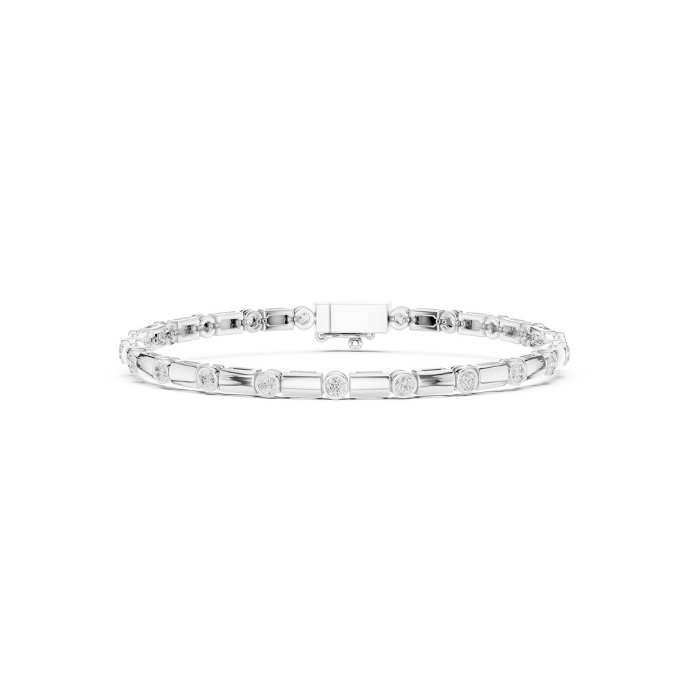 Men's silver tennis bracelet with alternating bezel-set round diamonds and rectangular bar links