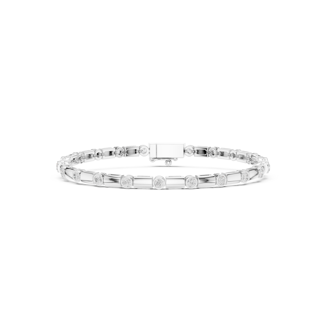Men's silver tennis bracelet with alternating bezel-set round diamonds and rectangular bar links