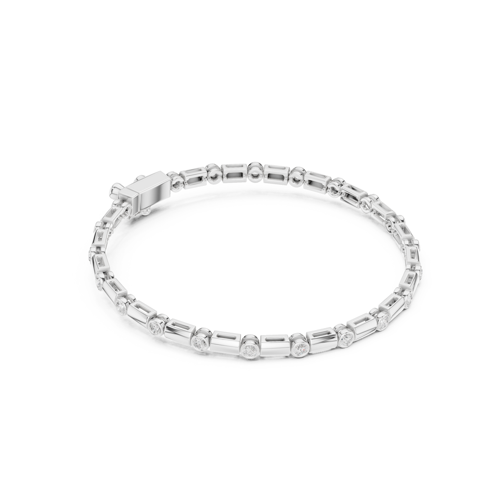 Men's silver tennis bracelet with alternating bezel-set round diamonds and rectangular bar links