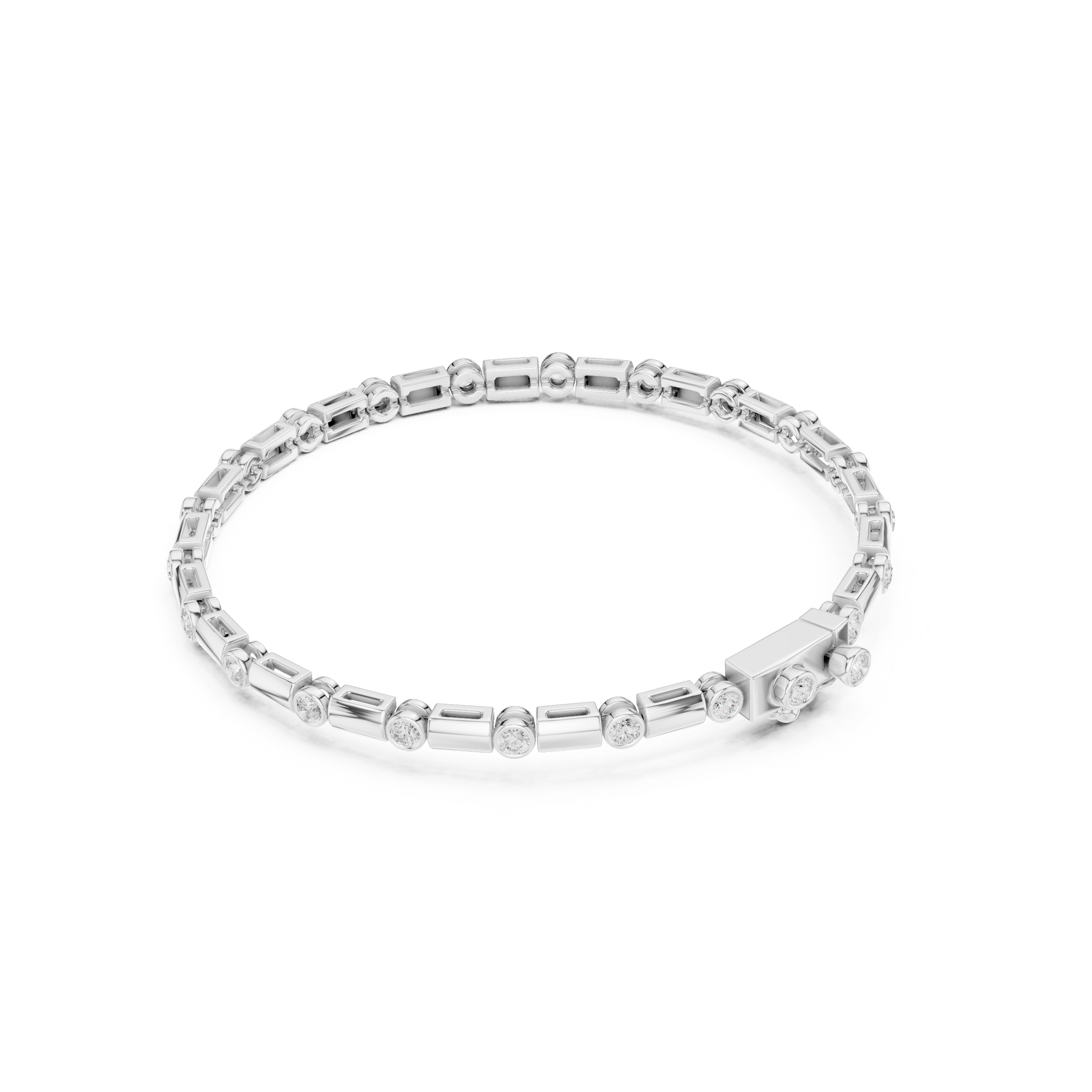 Men's silver tennis bracelet with alternating bezel-set round diamonds and rectangular bar links