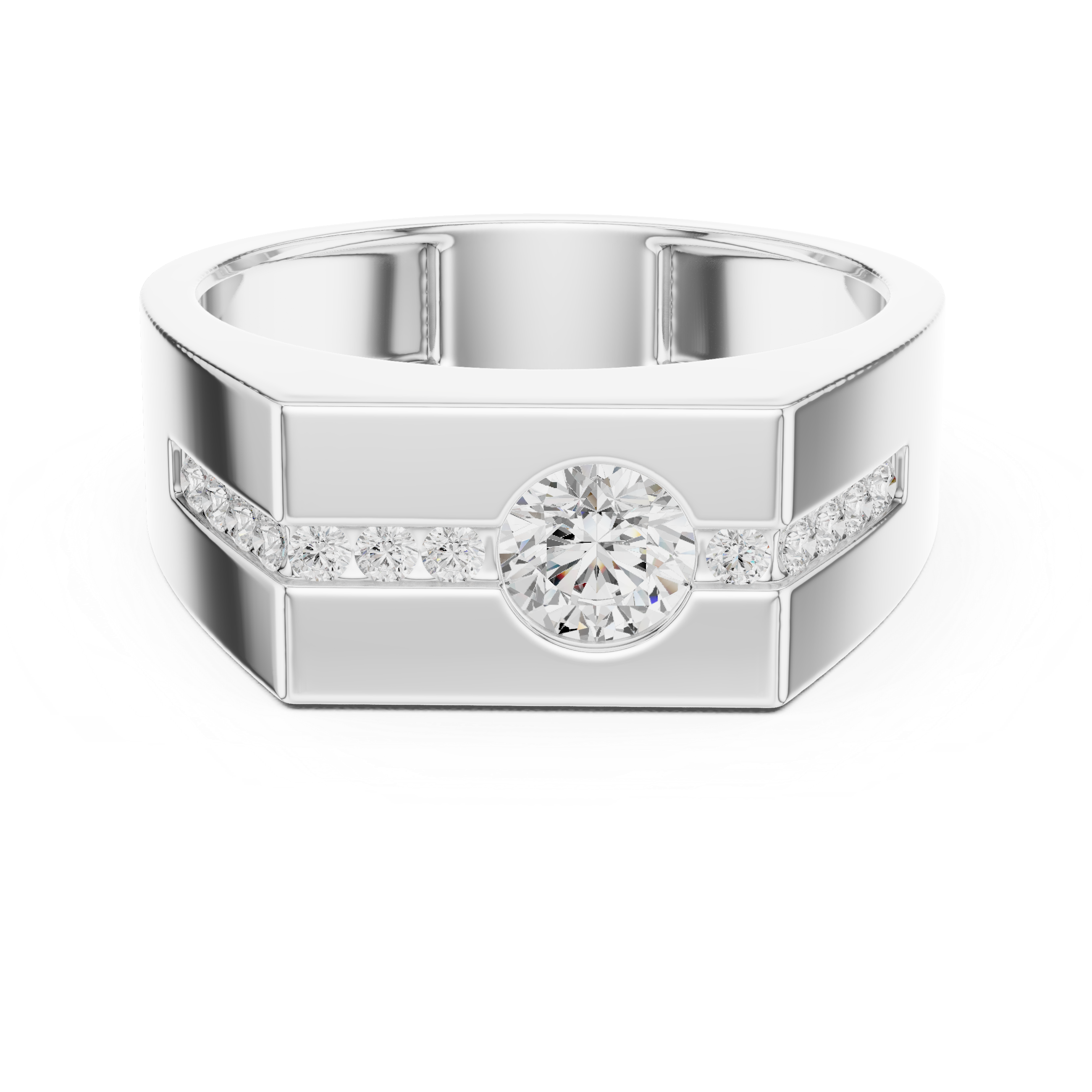 Men's silver octagonal signet ring with bezel-set round solitaire diamond and channel-set accent row