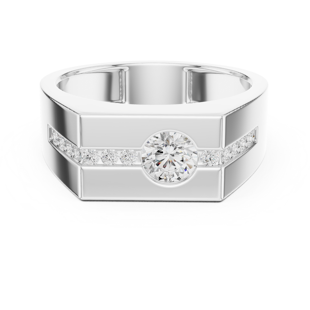 Men's silver octagonal signet ring with bezel-set round solitaire diamond and channel-set accent row