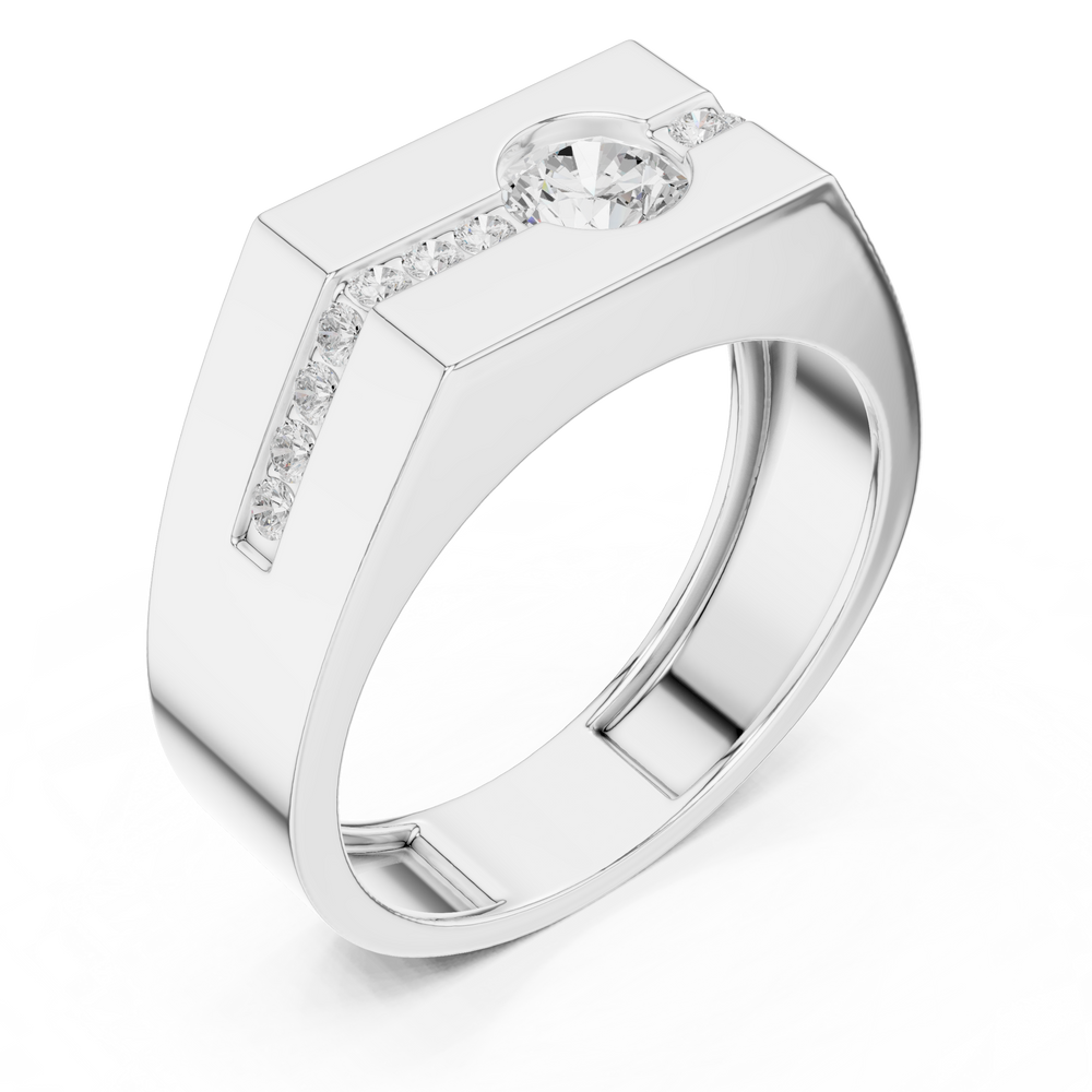 Men's silver octagonal signet ring with bezel-set round solitaire diamond and channel-set accent row