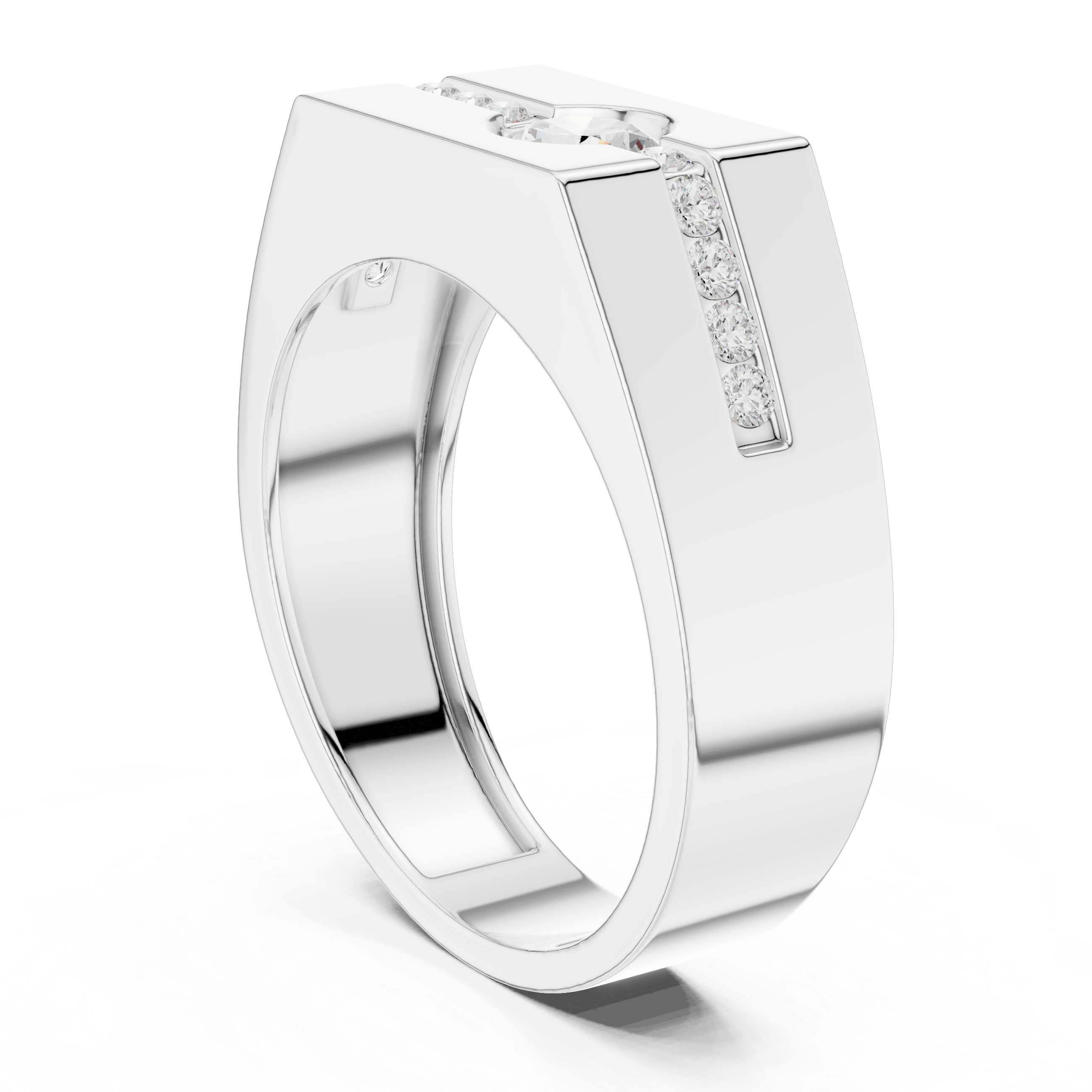 Men's silver octagonal signet ring with bezel-set round solitaire diamond and channel-set accent row