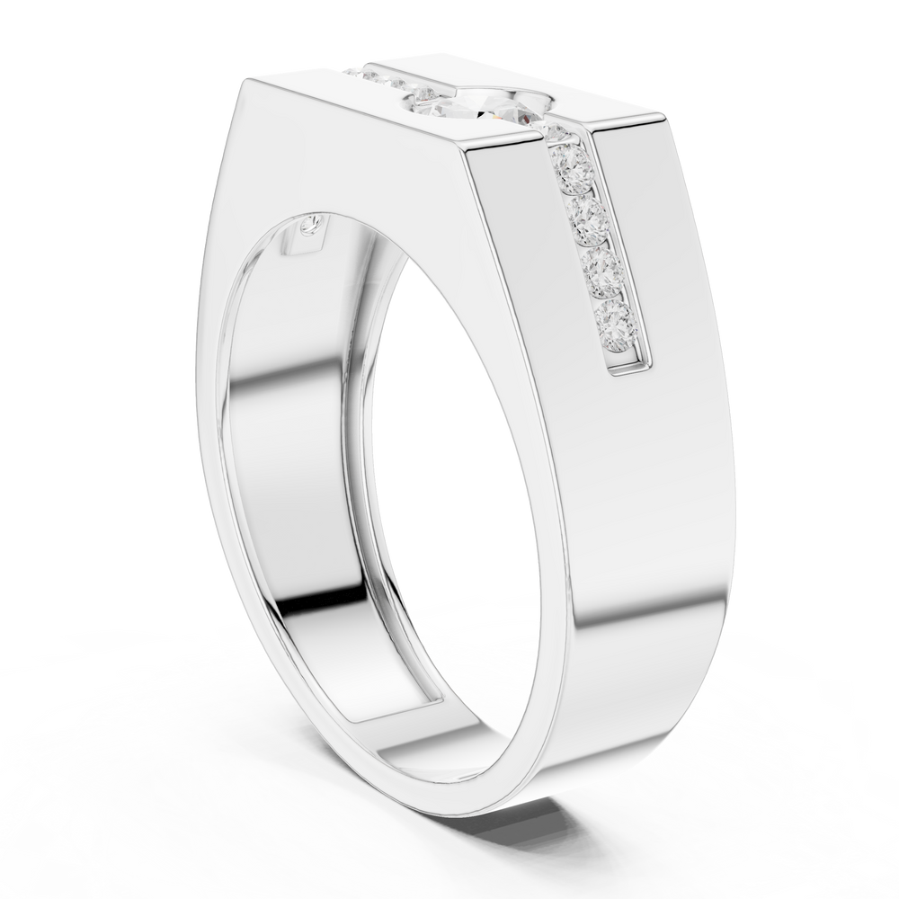 Men's silver octagonal signet ring with bezel-set round solitaire diamond and channel-set accent row