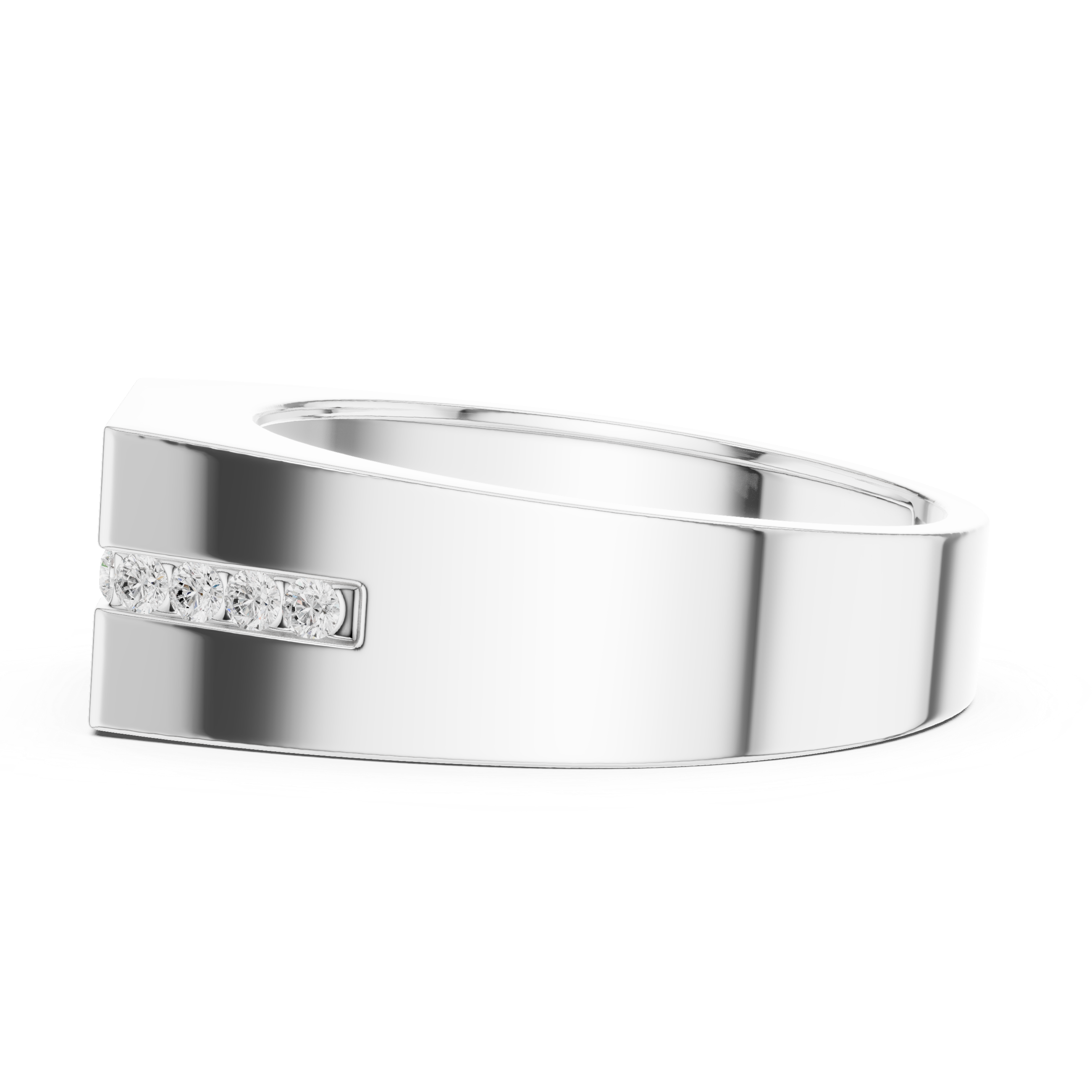 Men's silver octagonal signet ring with bezel-set round solitaire diamond and channel-set accent row