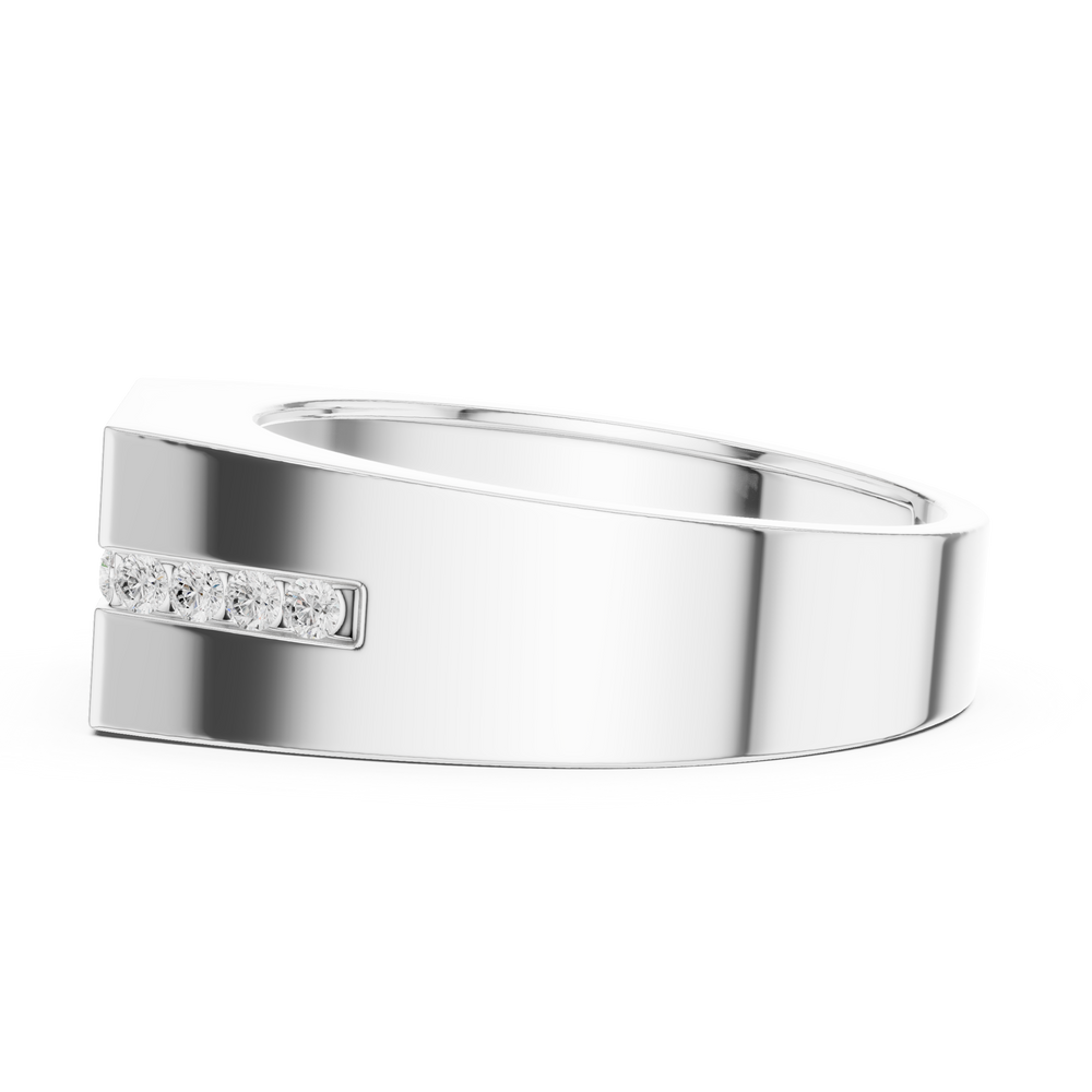 Men's silver octagonal signet ring with bezel-set round solitaire diamond and channel-set accent row