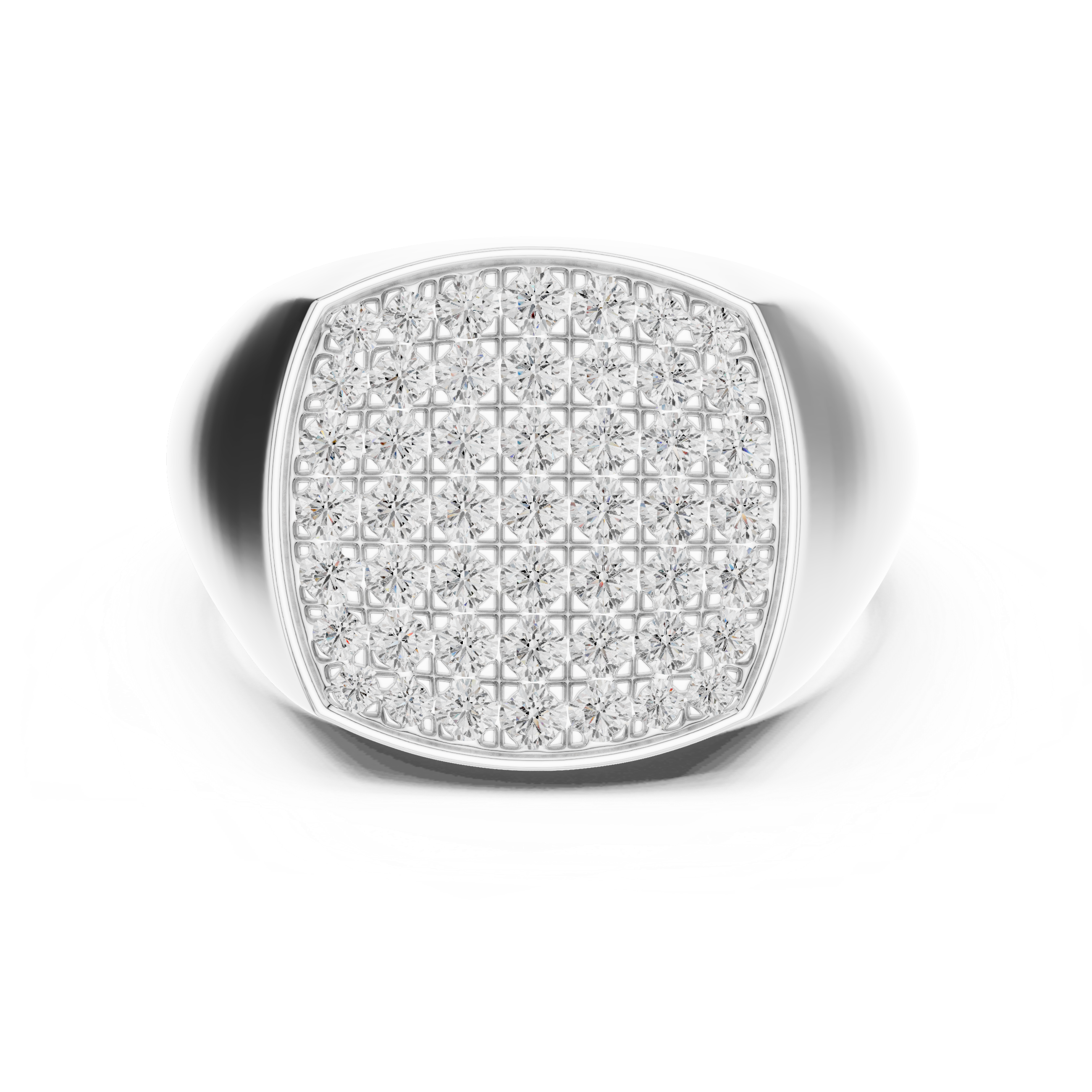 Men's polished silver signet ring with cushion-shaped full pavé diamond top and tapered band