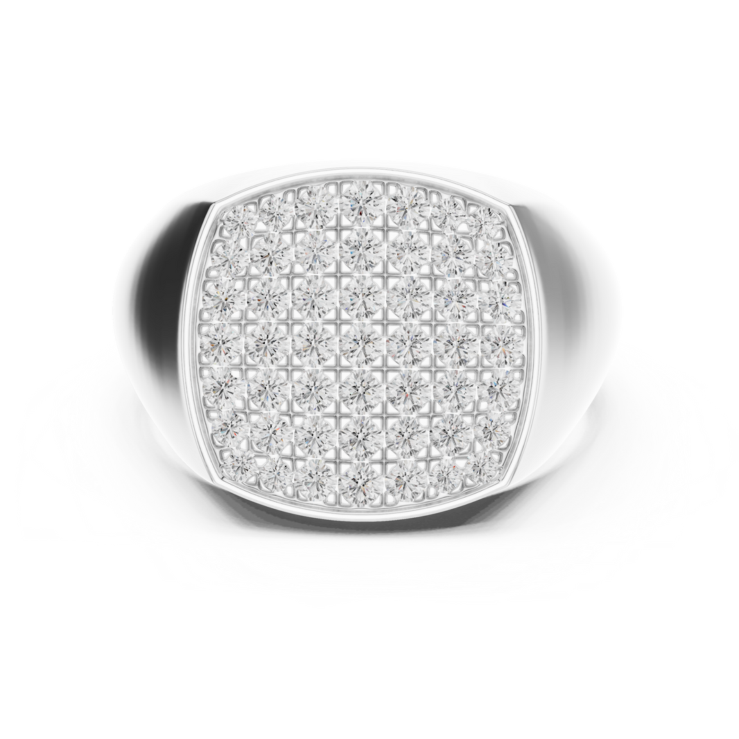 Men's polished silver signet ring with cushion-shaped full pavé diamond top and tapered band