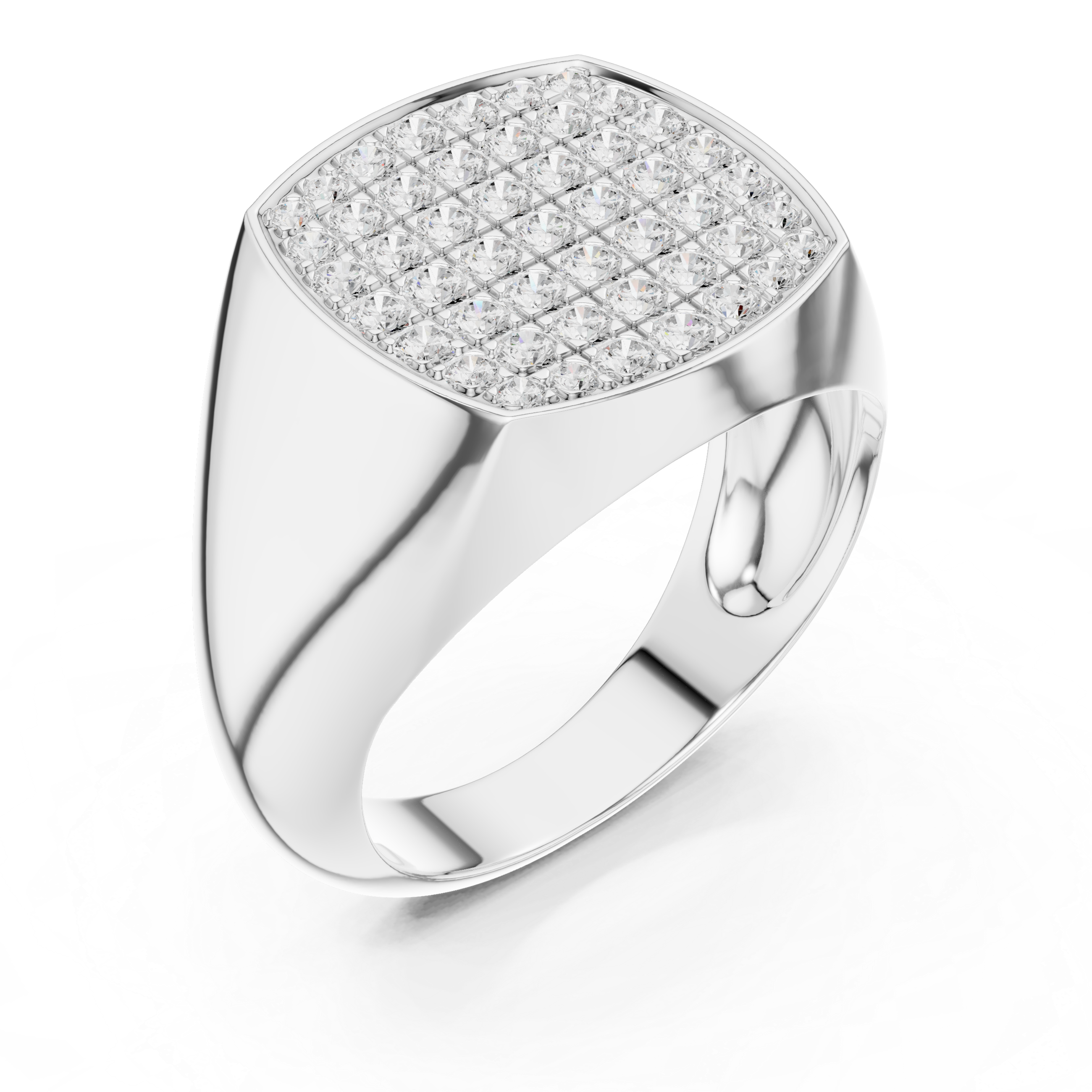 Men's polished silver signet ring with cushion-shaped full pavé diamond top and tapered band