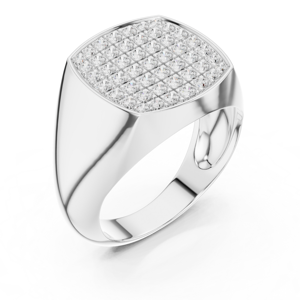 Men's polished silver signet ring with cushion-shaped full pavé diamond top and tapered band