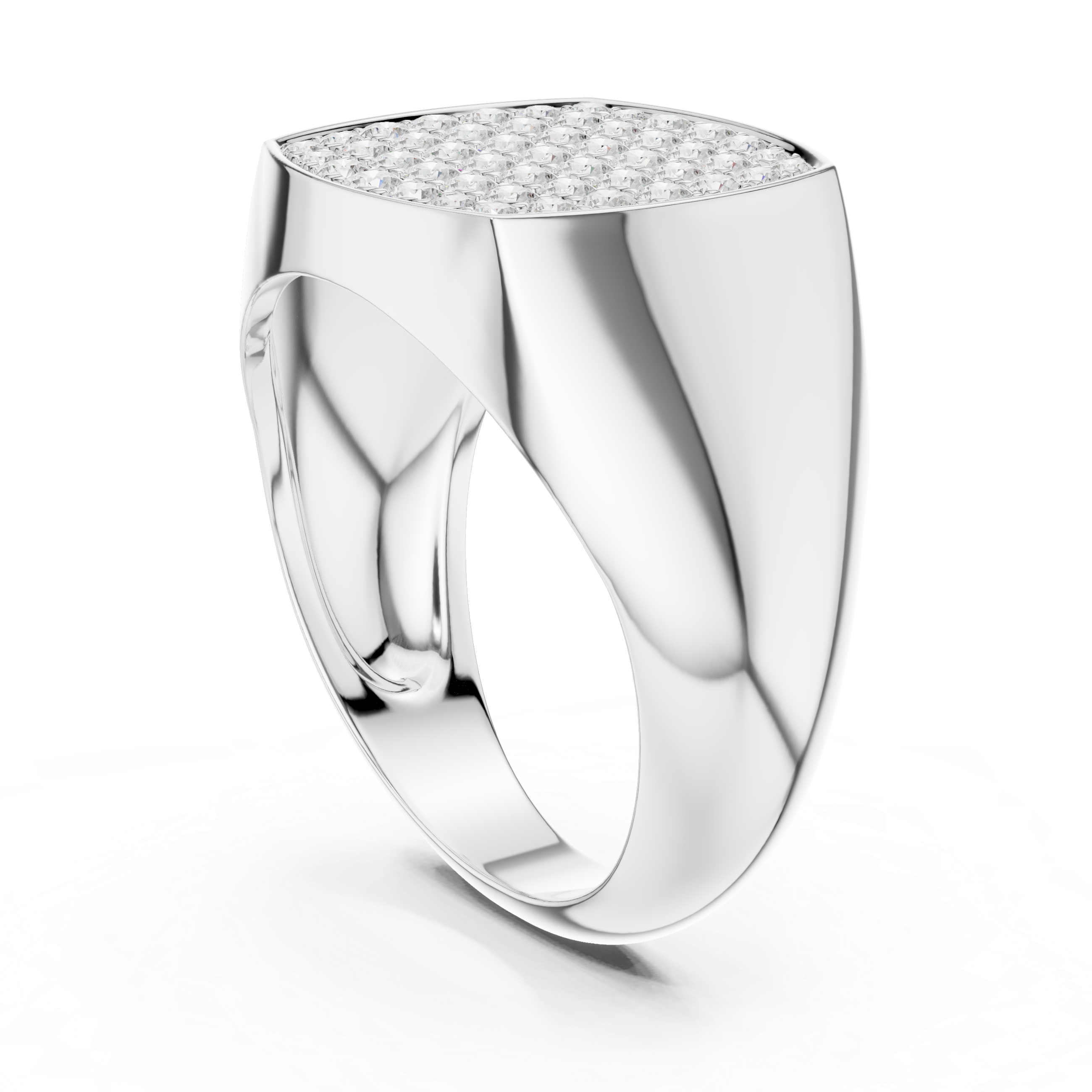 Men's polished silver signet ring with cushion-shaped full pavé diamond top and tapered band