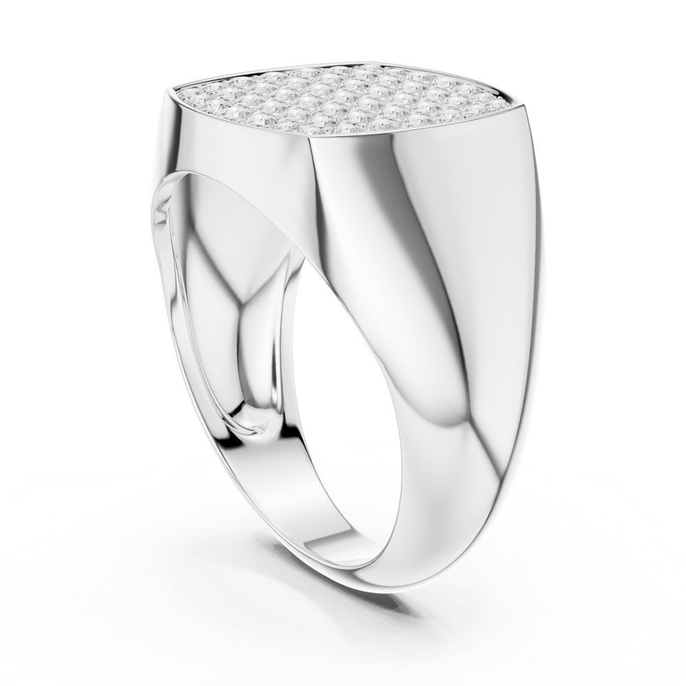 Men's polished silver signet ring with cushion-shaped full pavé diamond top and tapered band