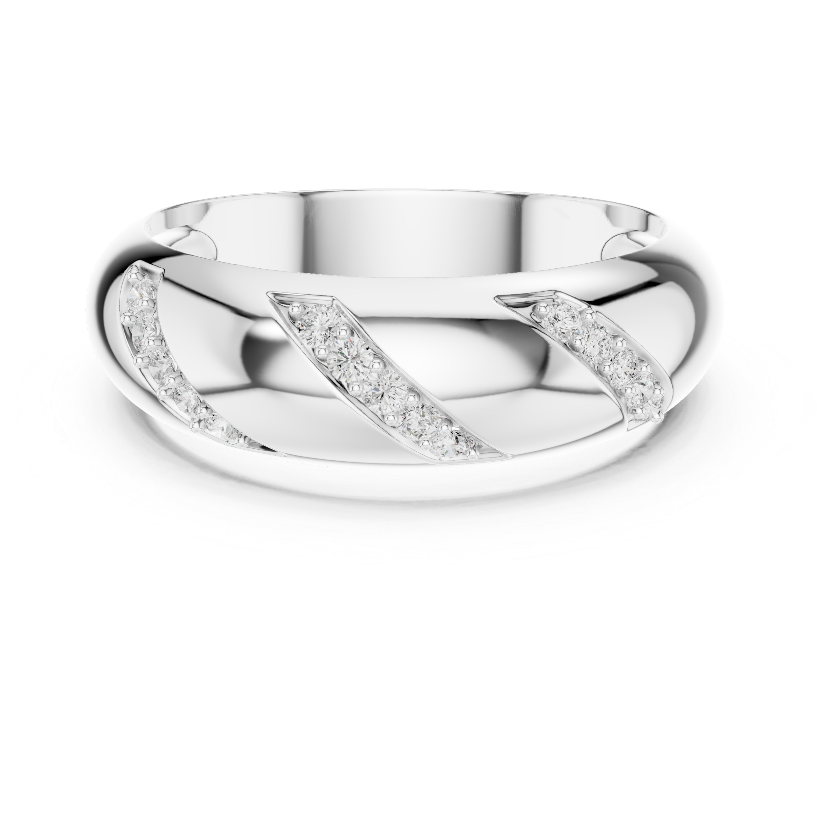 Men's polished silver dome band ring with three diagonal pavé diamond stripe accents