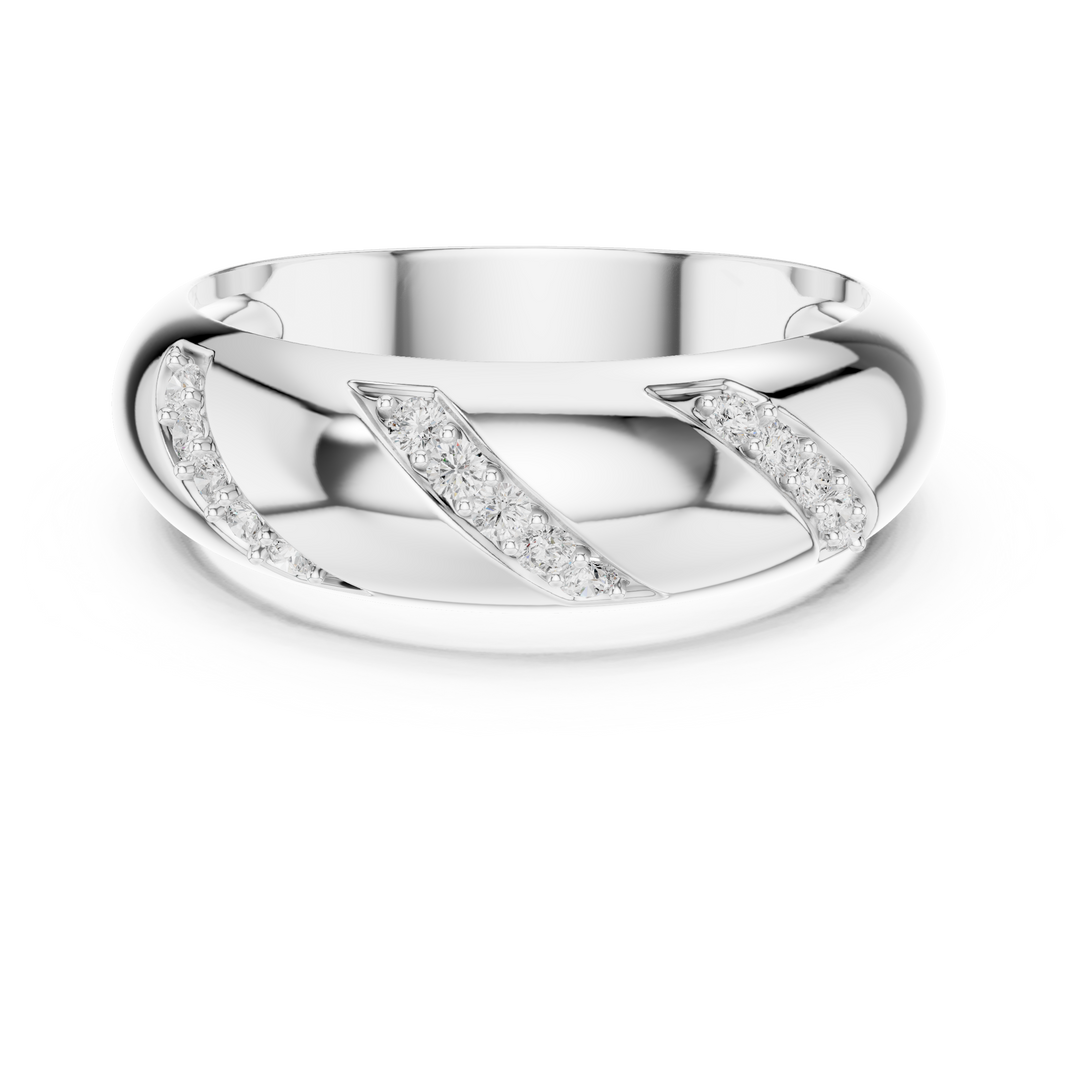 Men's polished silver dome band ring with three diagonal pavé diamond stripe accents