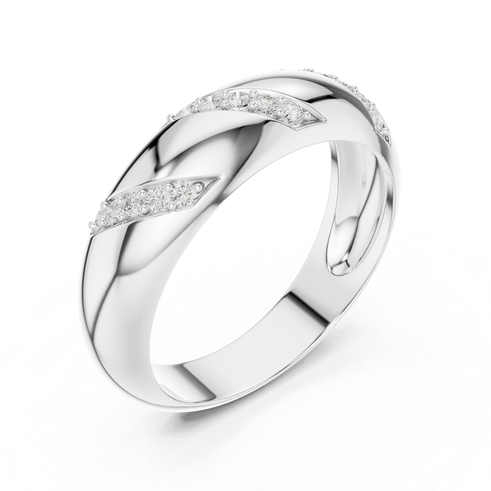 Men's polished silver dome band ring with three diagonal pavé diamond stripe accents