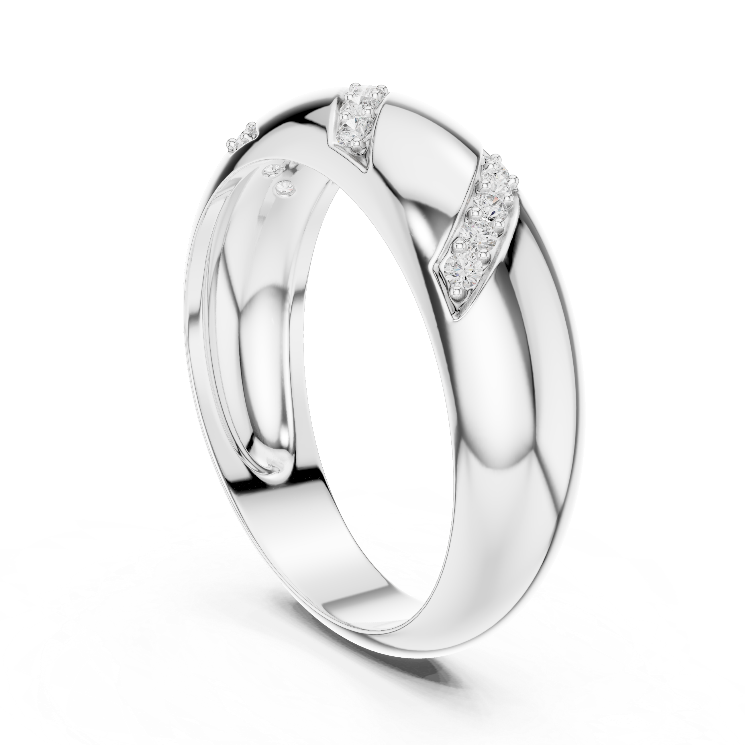 Men's polished silver dome band ring with three diagonal pavé diamond stripe accents