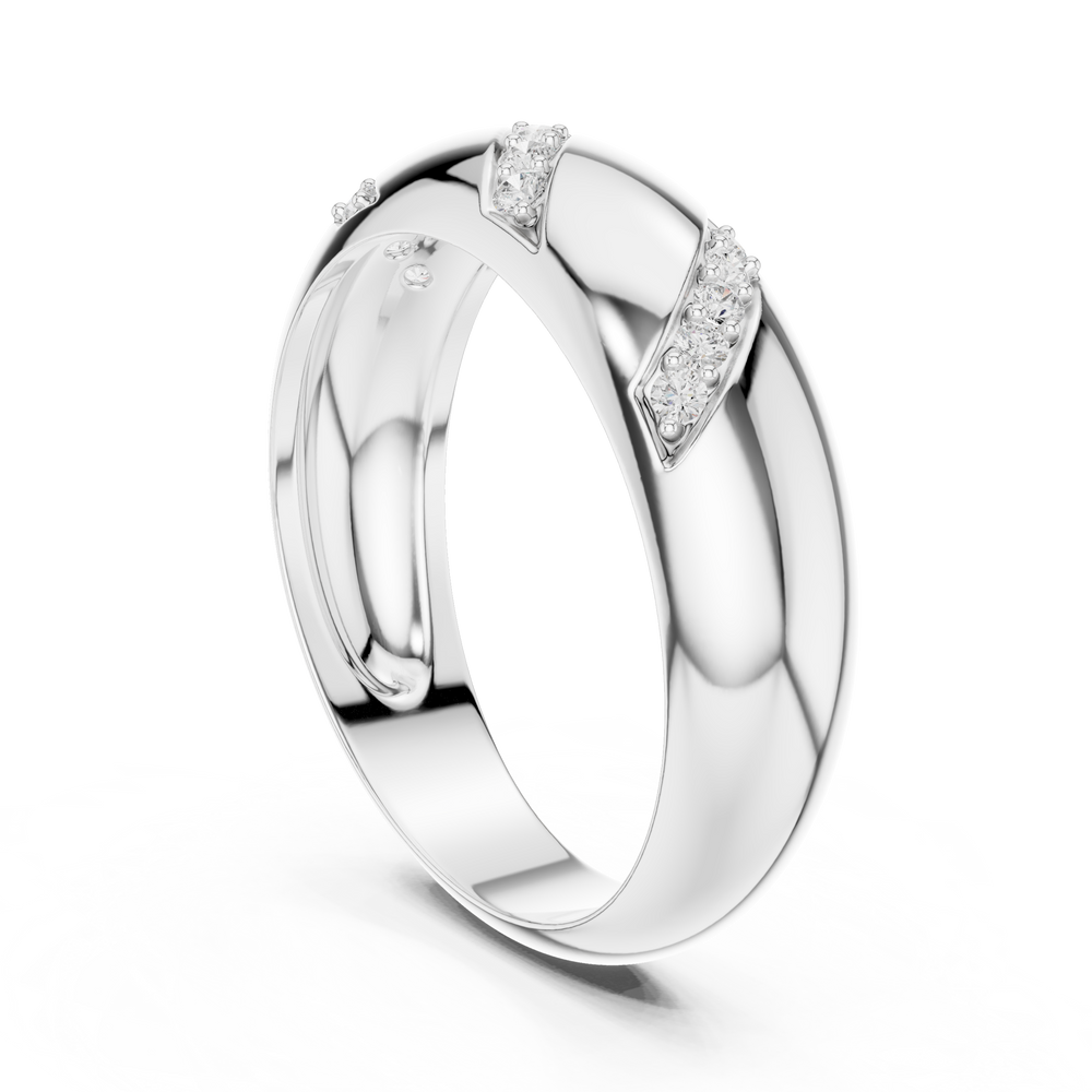 Men's polished silver dome band ring with three diagonal pavé diamond stripe accents