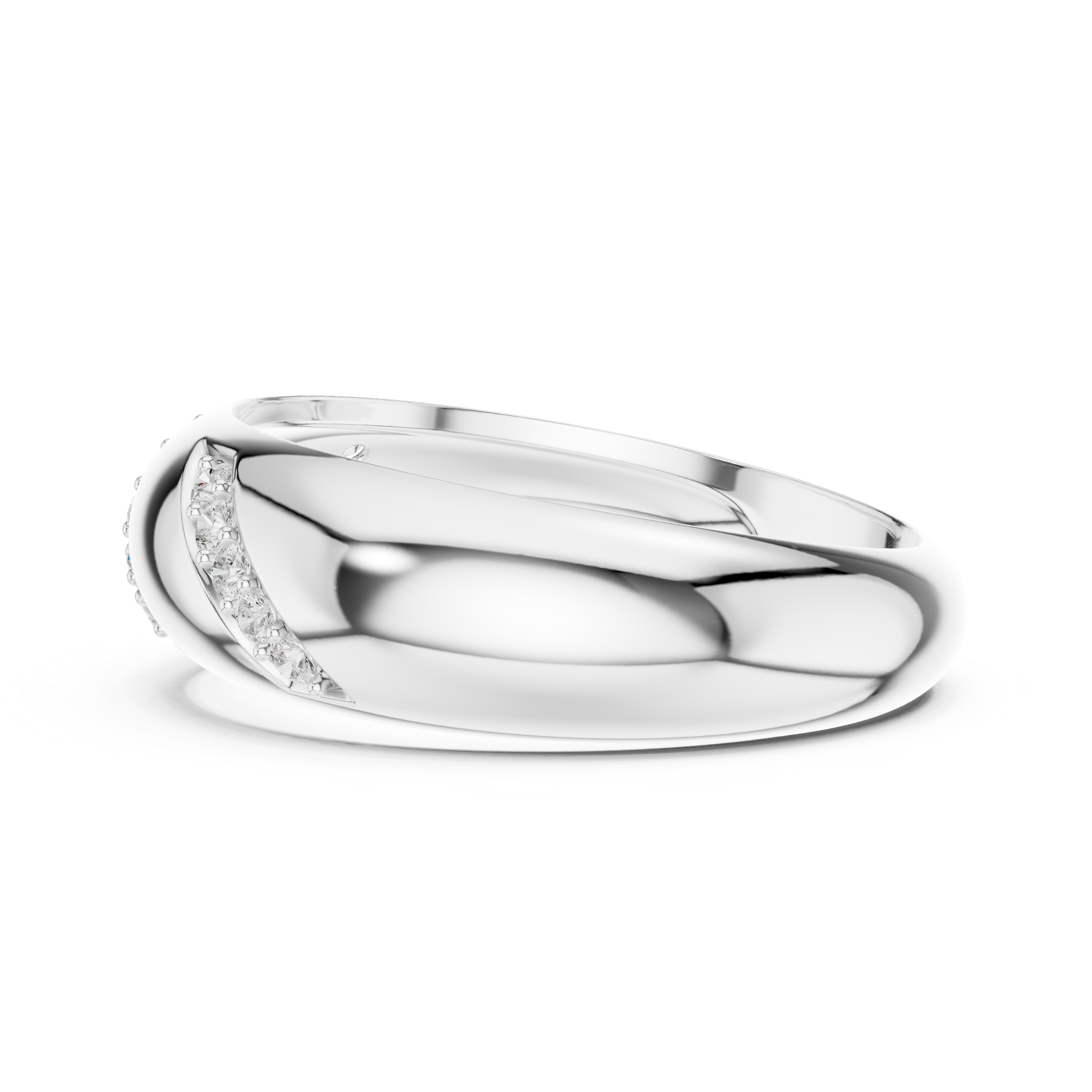 Men's polished silver dome band ring with three diagonal pavé diamond stripe accents