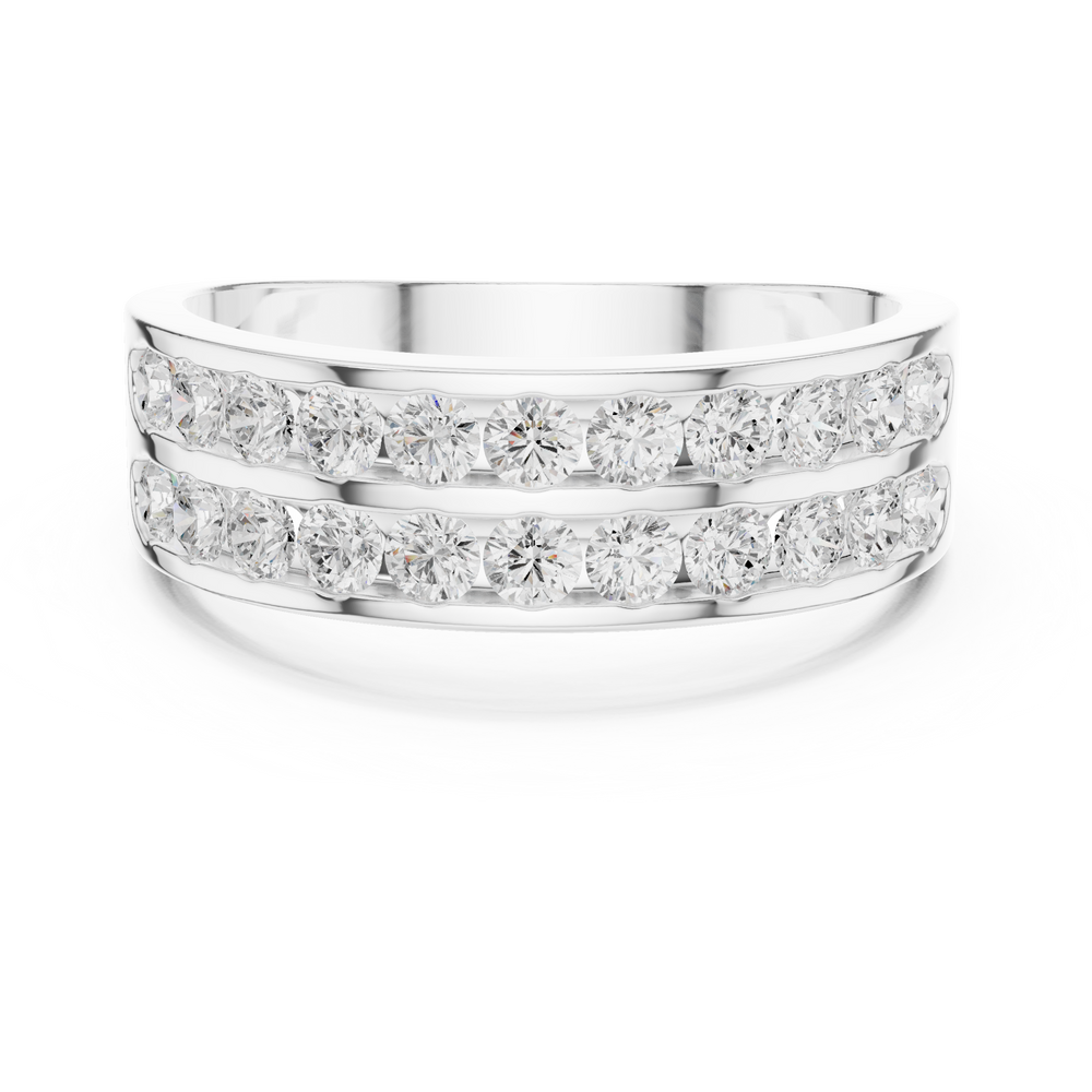 Men's silver wedding band with two channel-set round diamond rows and polished finish