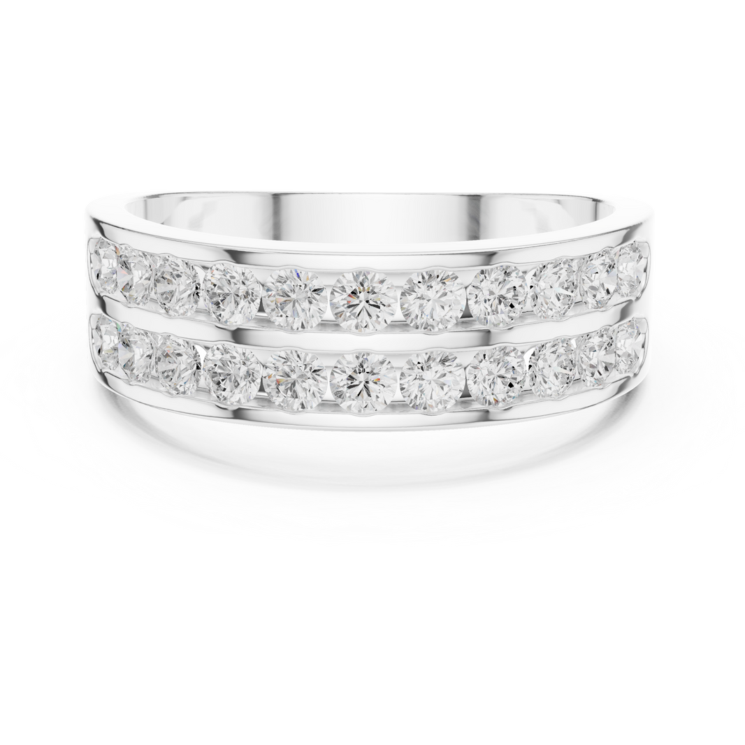 Men's silver wedding band with two channel-set round diamond rows and polished finish