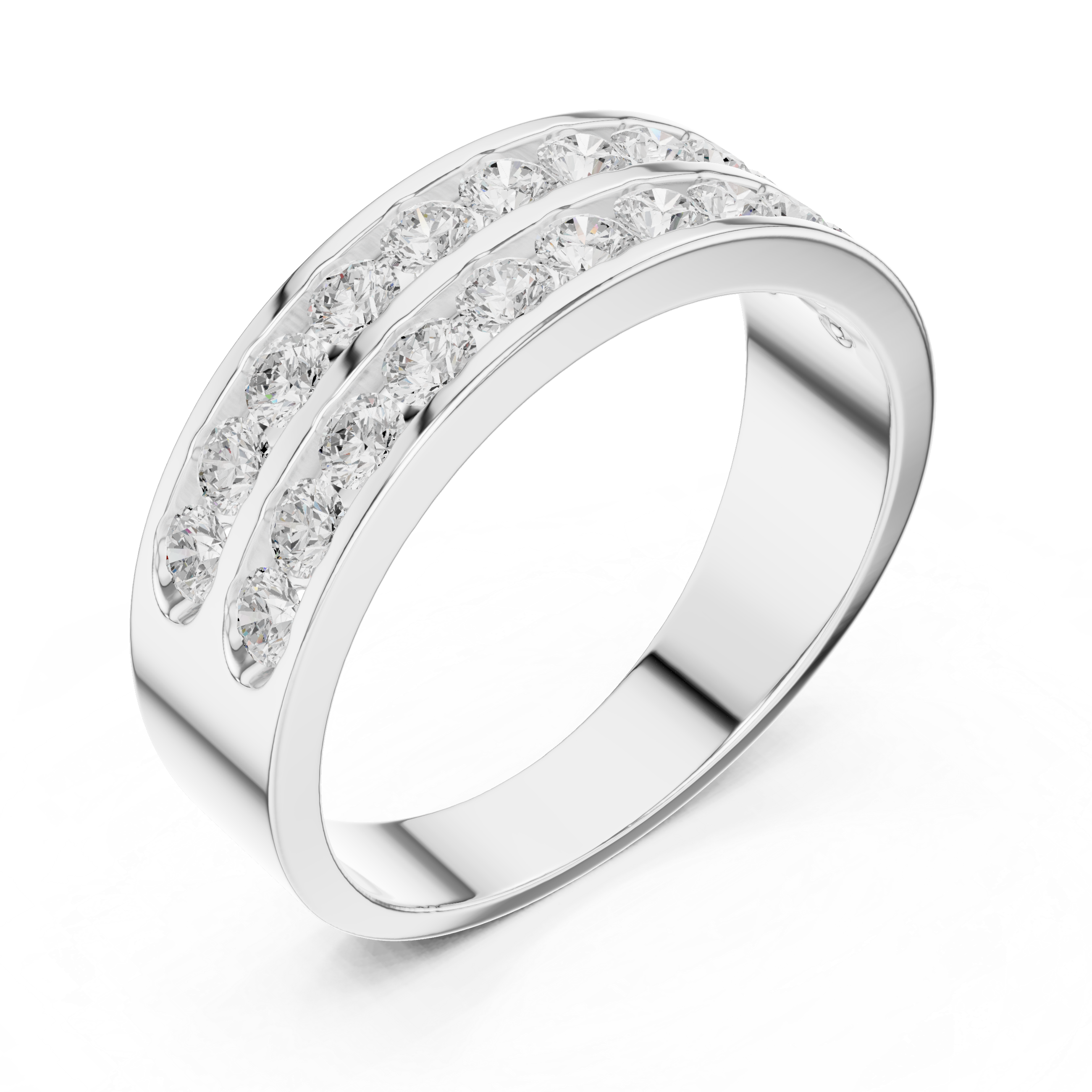 Men's silver wedding band with two channel-set round diamond rows and polished finish