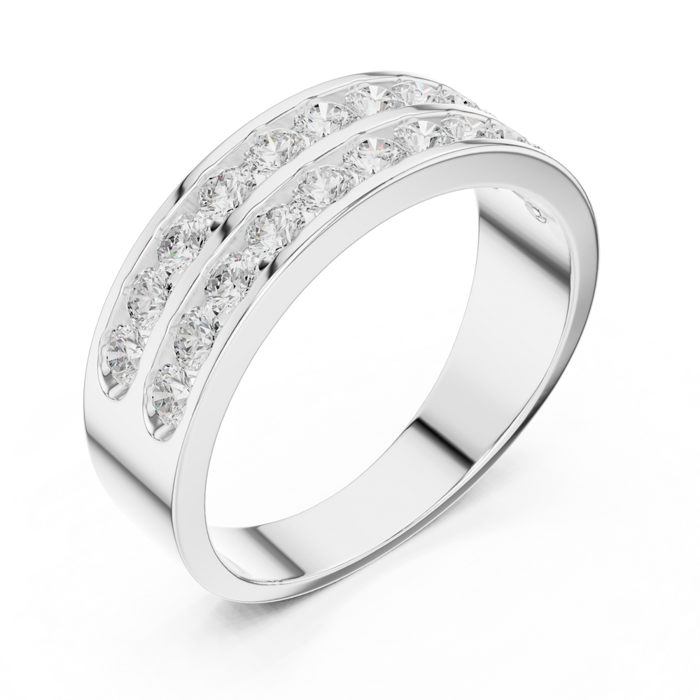 Men's silver wedding band with two channel-set round diamond rows and polished finish