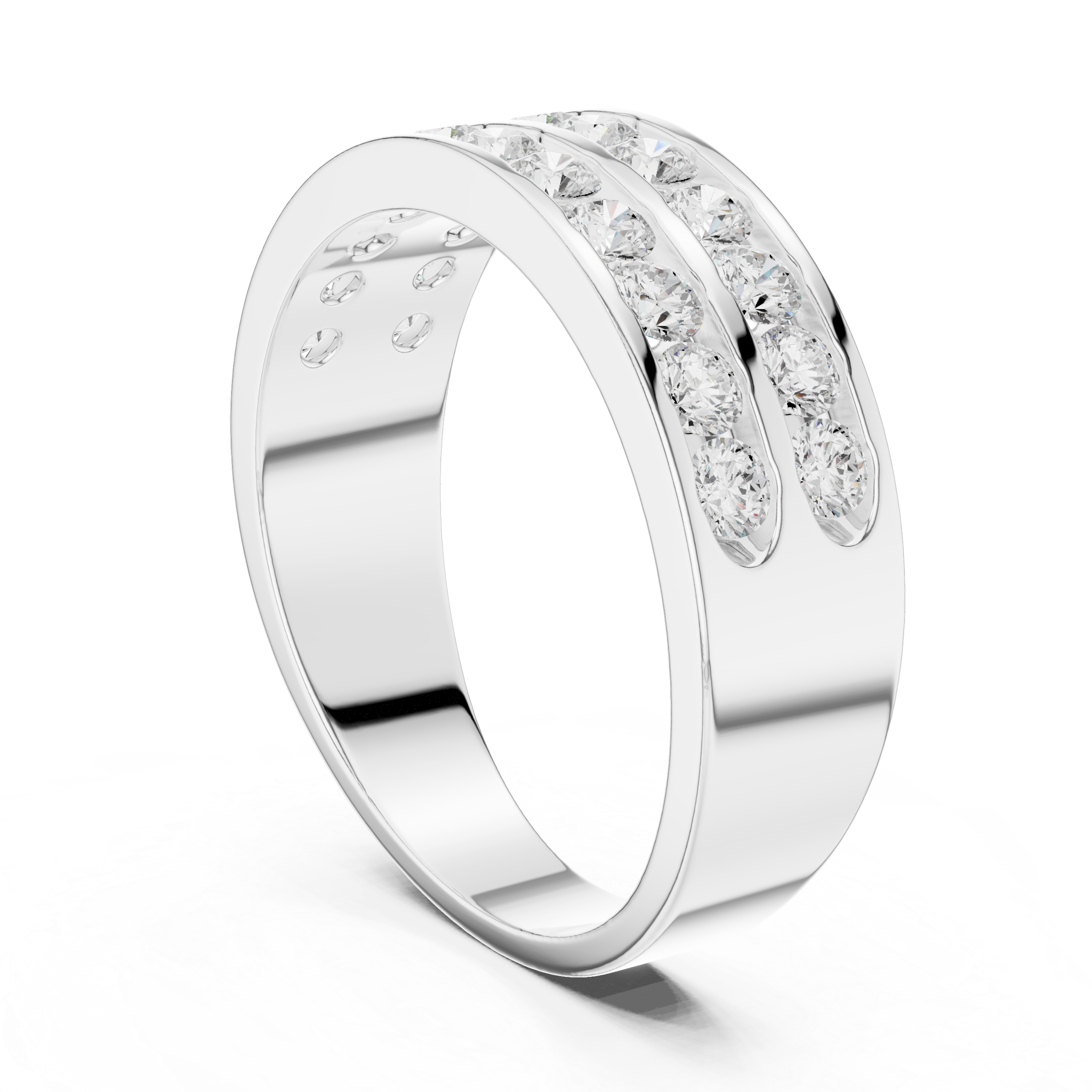 Men's silver wedding band with two channel-set round diamond rows and polished finish