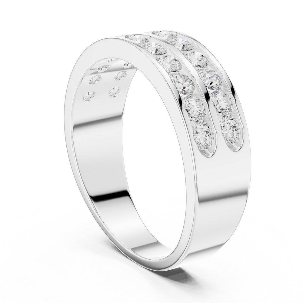 Men's silver wedding band with two channel-set round diamond rows and polished finish