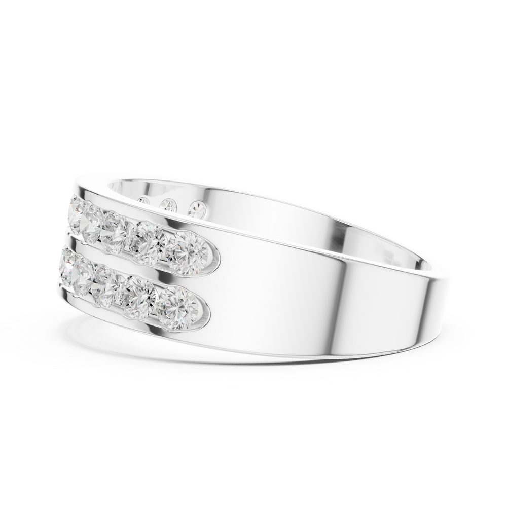 Men's silver wedding band with two channel-set round diamond rows and polished finish