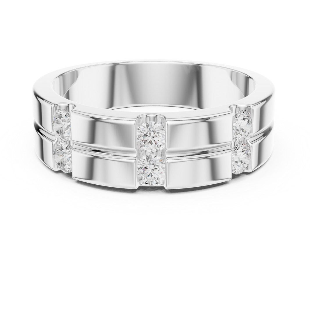Men's silver band ring with double-row diamond panels set in geometric grid pattern