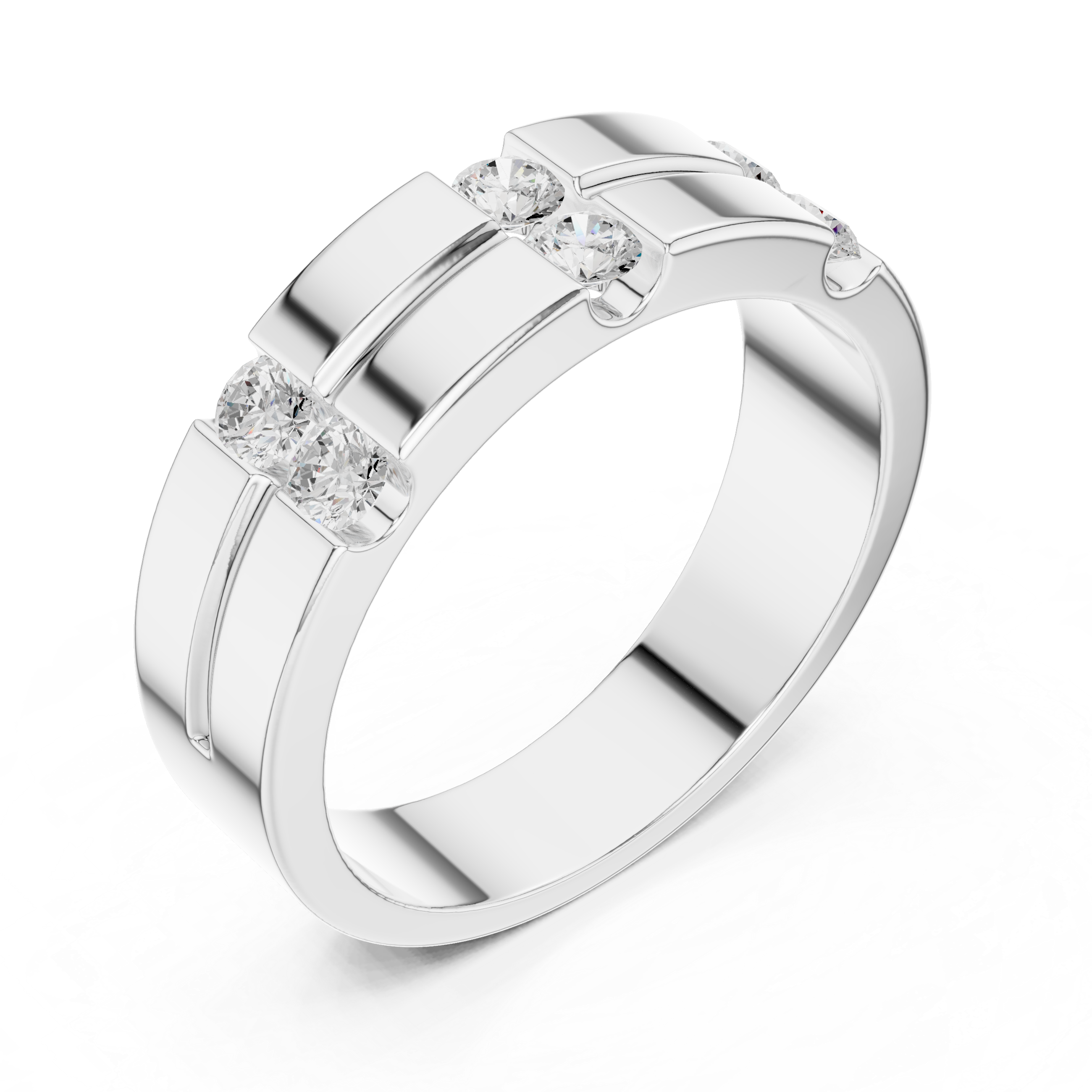 Men's silver band ring with double-row diamond panels set in geometric grid pattern
