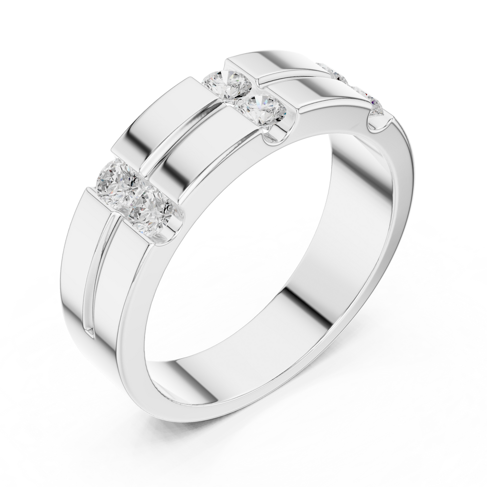 Men's silver band ring with double-row diamond panels set in geometric grid pattern