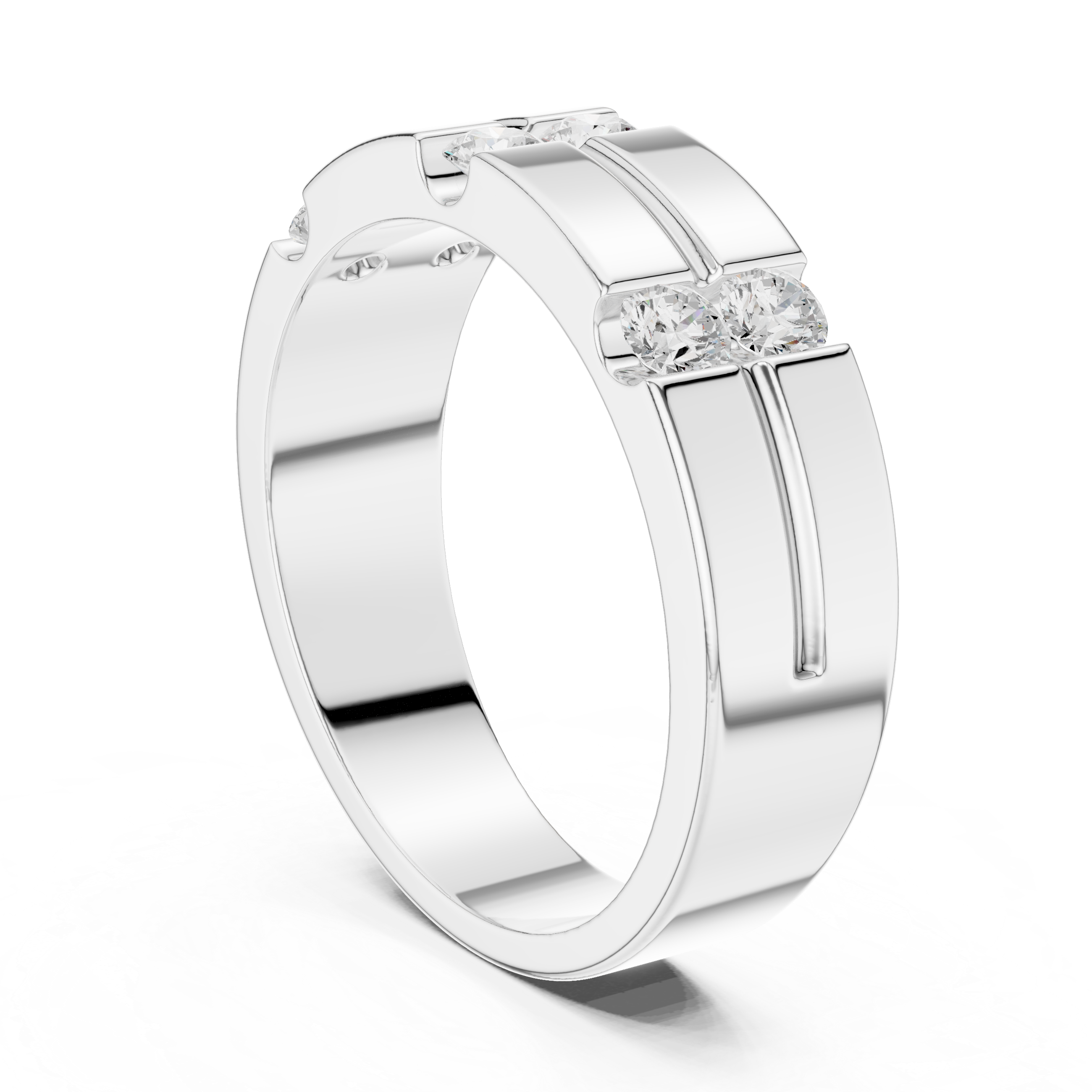 Men's silver band ring with double-row diamond panels set in geometric grid pattern