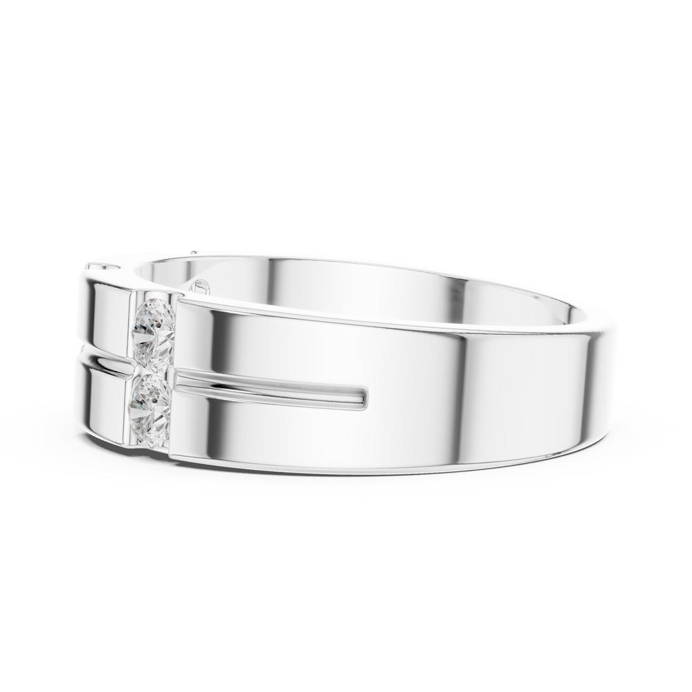 Men's silver band ring with double-row diamond panels set in geometric grid pattern
