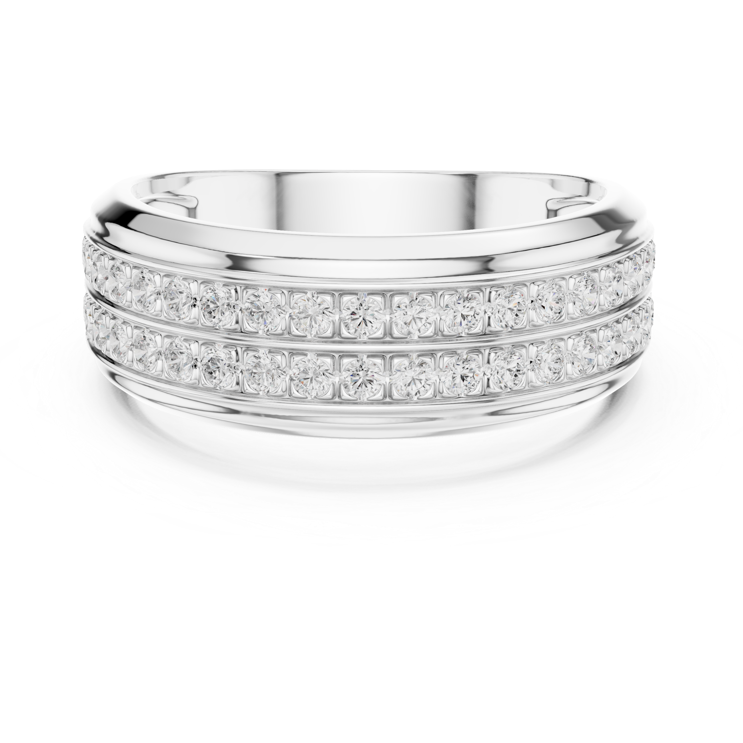 Men's silver wedding band with two rows of pavé diamonds and polished raised edge detailing