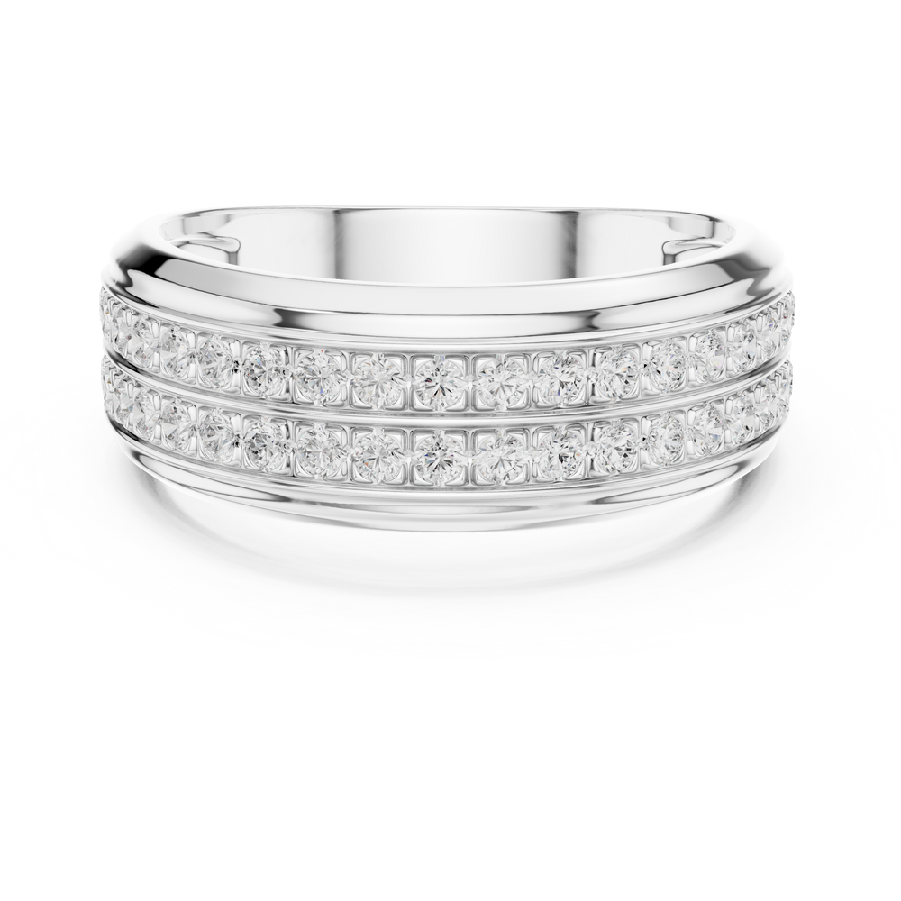 Men's silver wedding band with two rows of pavé diamonds and polished raised edge detailing