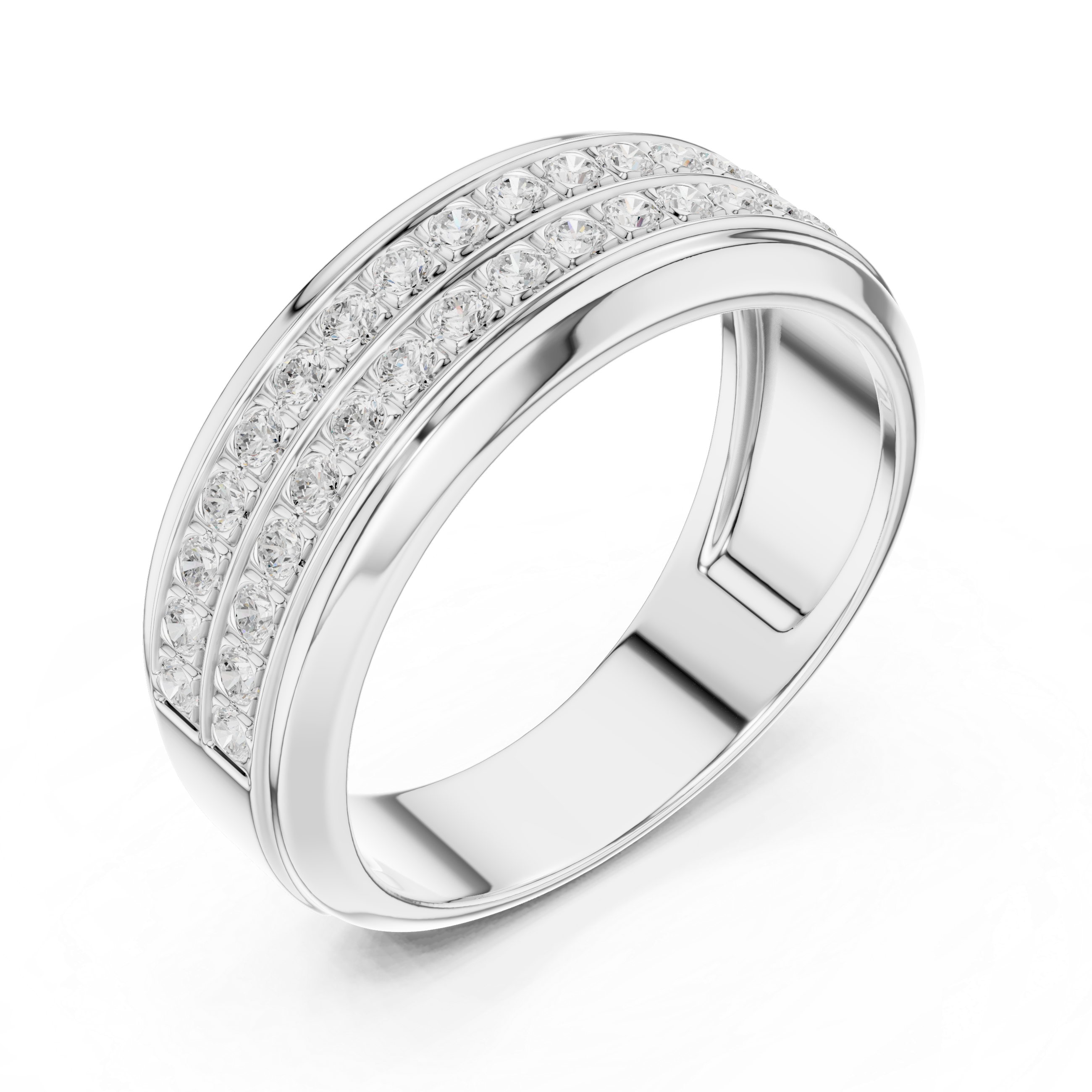Men's silver wedding band with two rows of pavé diamonds and polished raised edge detailing