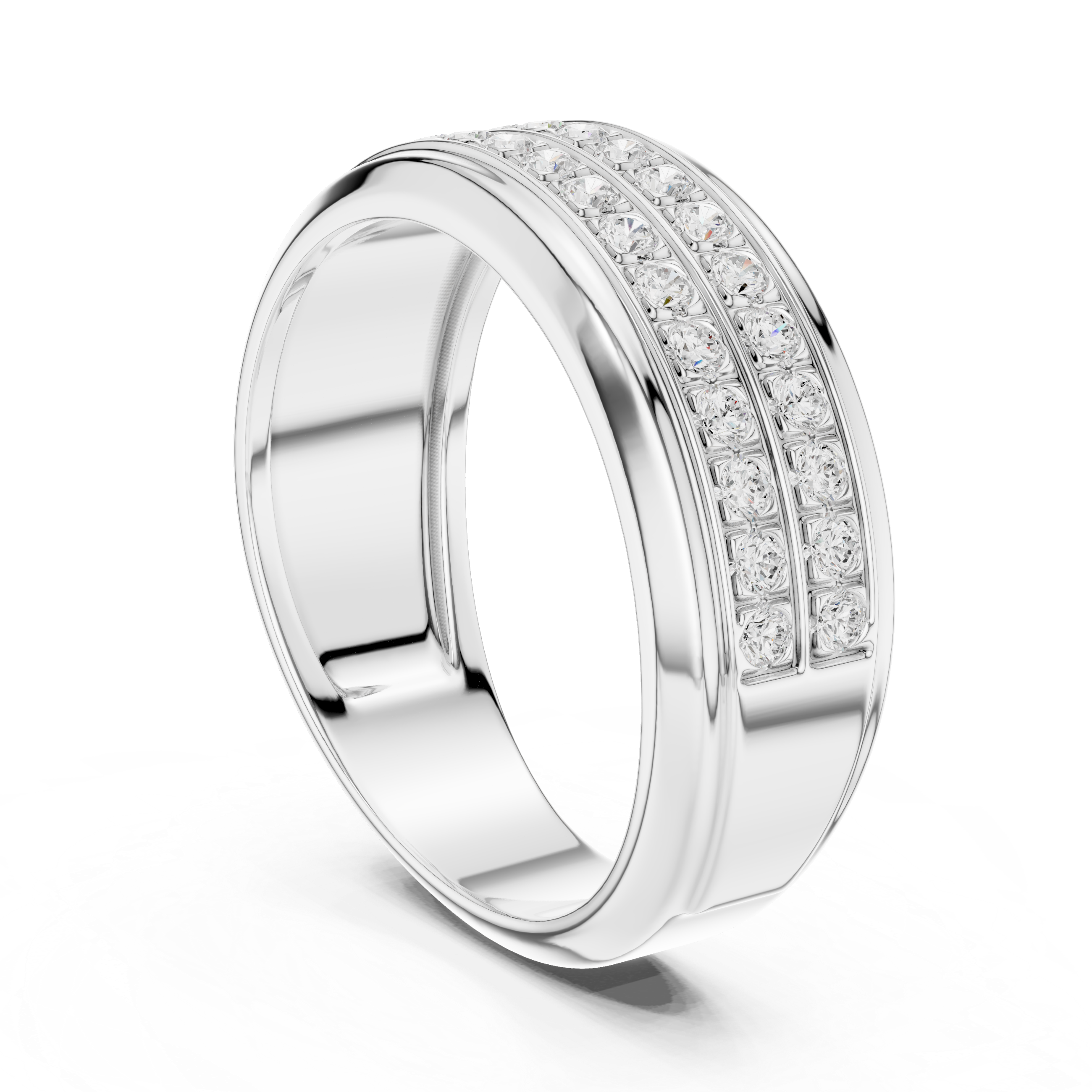 Men's silver wedding band with two rows of pavé diamonds and polished raised edge detailing