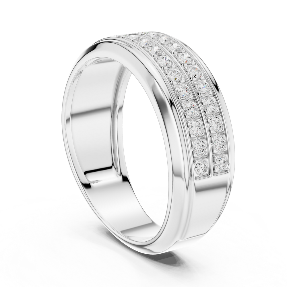 Men's silver wedding band with two rows of pavé diamonds and polished raised edge detailing