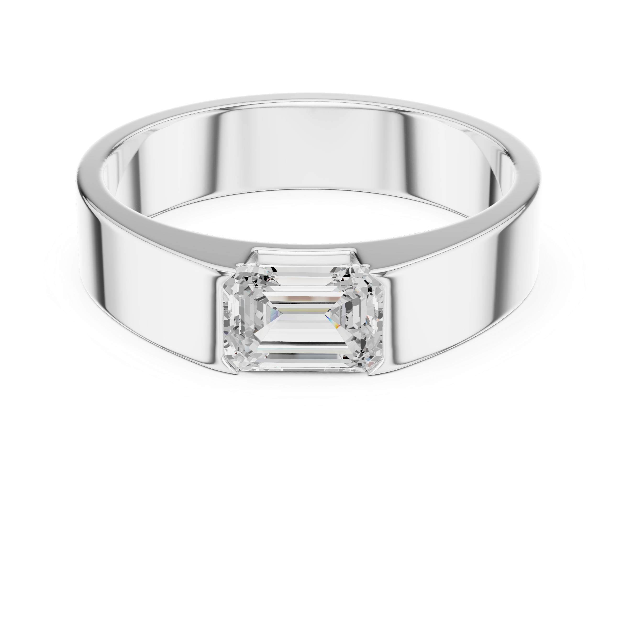 Men's minimalist silver band ring with flush-set emerald-cut solitaire diamond centerpiece