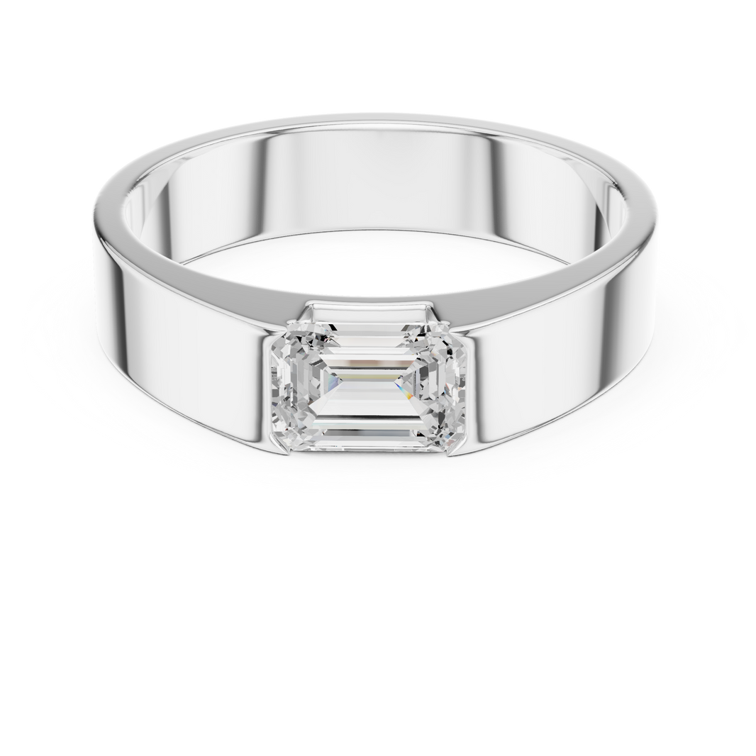 Men's minimalist silver band ring with flush-set emerald-cut solitaire diamond centerpiece