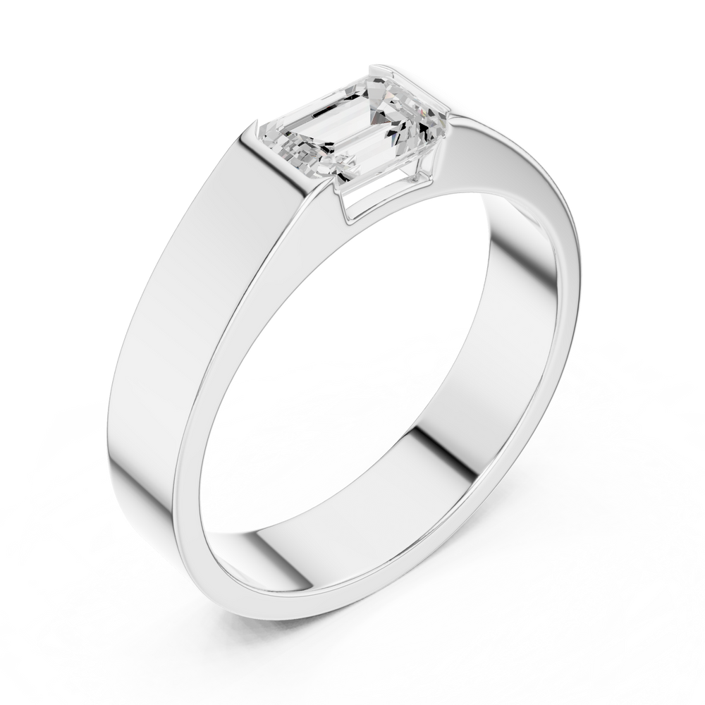 Men's minimalist silver band ring with flush-set emerald-cut solitaire diamond centerpiece