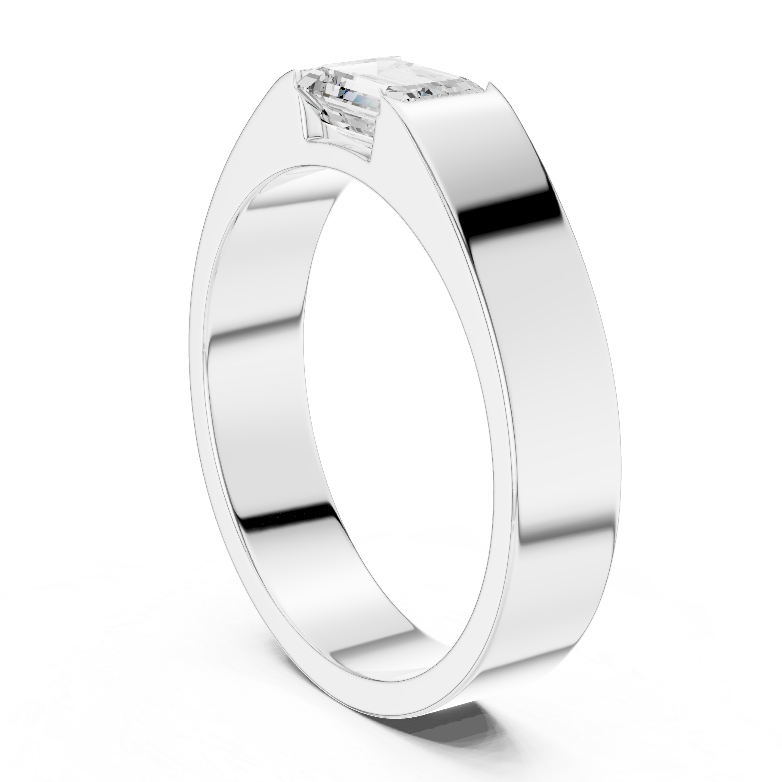 Men's minimalist silver band ring with flush-set emerald-cut solitaire diamond centerpiece