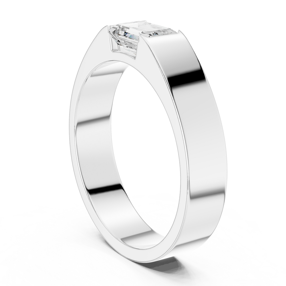 Men's minimalist silver band ring with flush-set emerald-cut solitaire diamond centerpiece