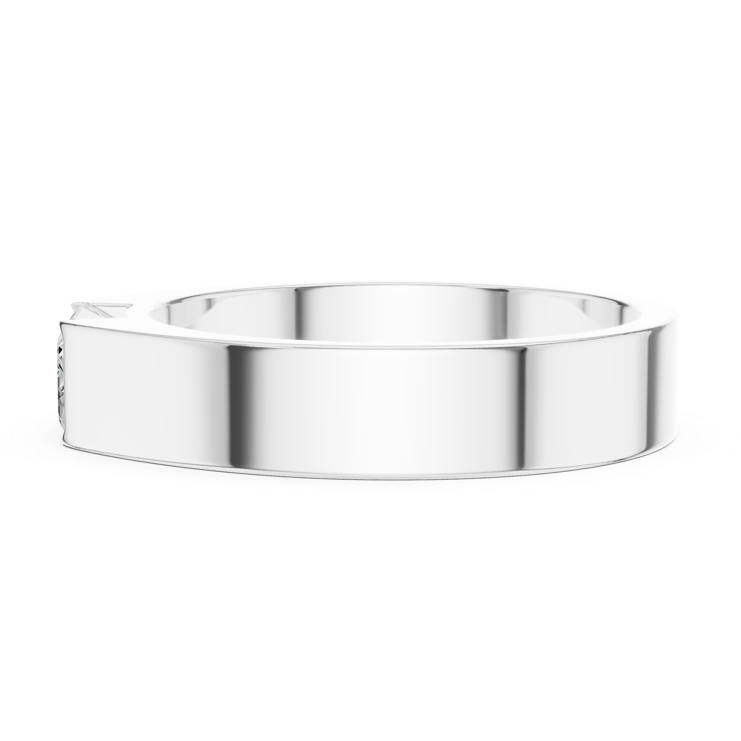 Men's minimalist silver band ring with flush-set emerald-cut solitaire diamond centerpiece