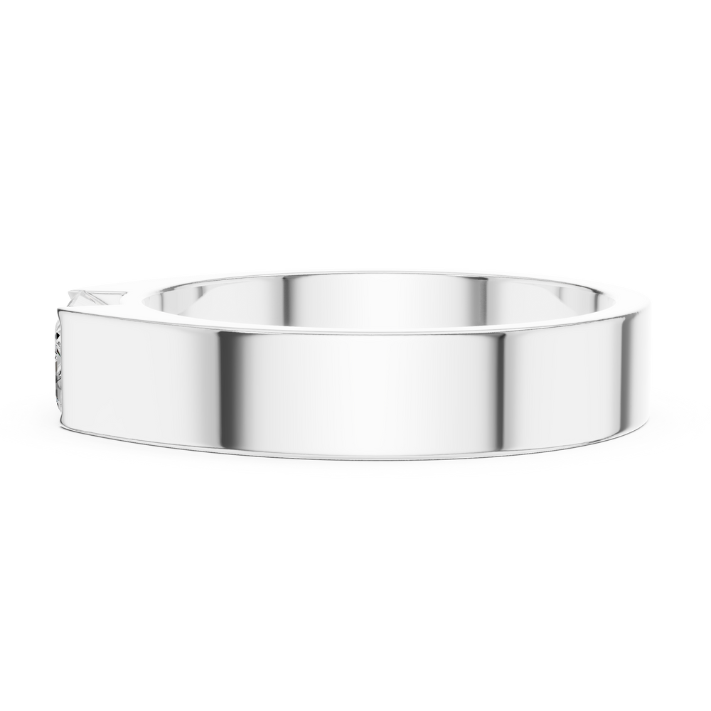 Men's minimalist silver band ring with flush-set emerald-cut solitaire diamond centerpiece