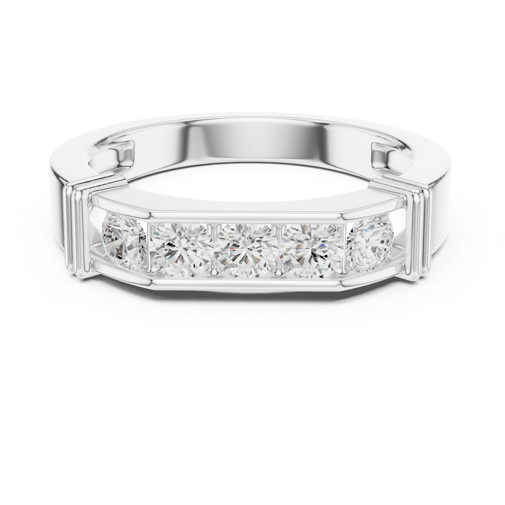 Men's silver octagonal band ring with five large bar-set round diamonds and ribbed side detailing