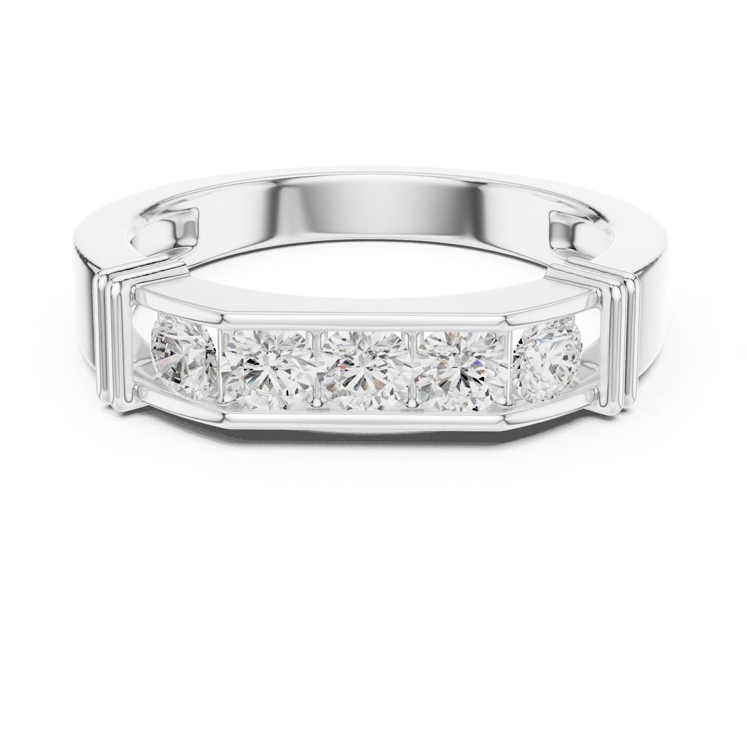 Men's silver octagonal band ring with five large bar-set round diamonds and ribbed side detailing